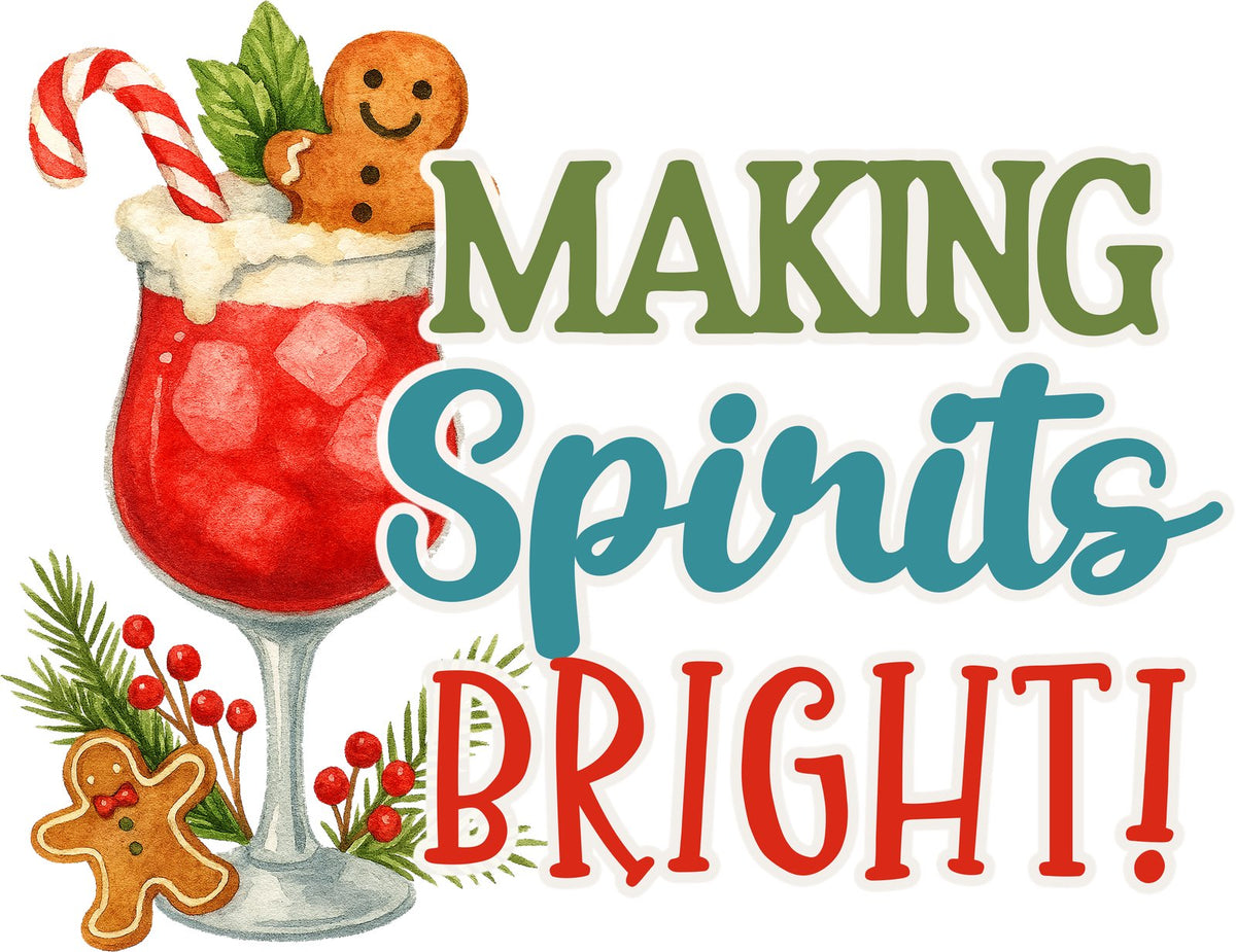 Red cocktail with a candy cane and gingerbread cookie beside Making Spirits Bright lettering.