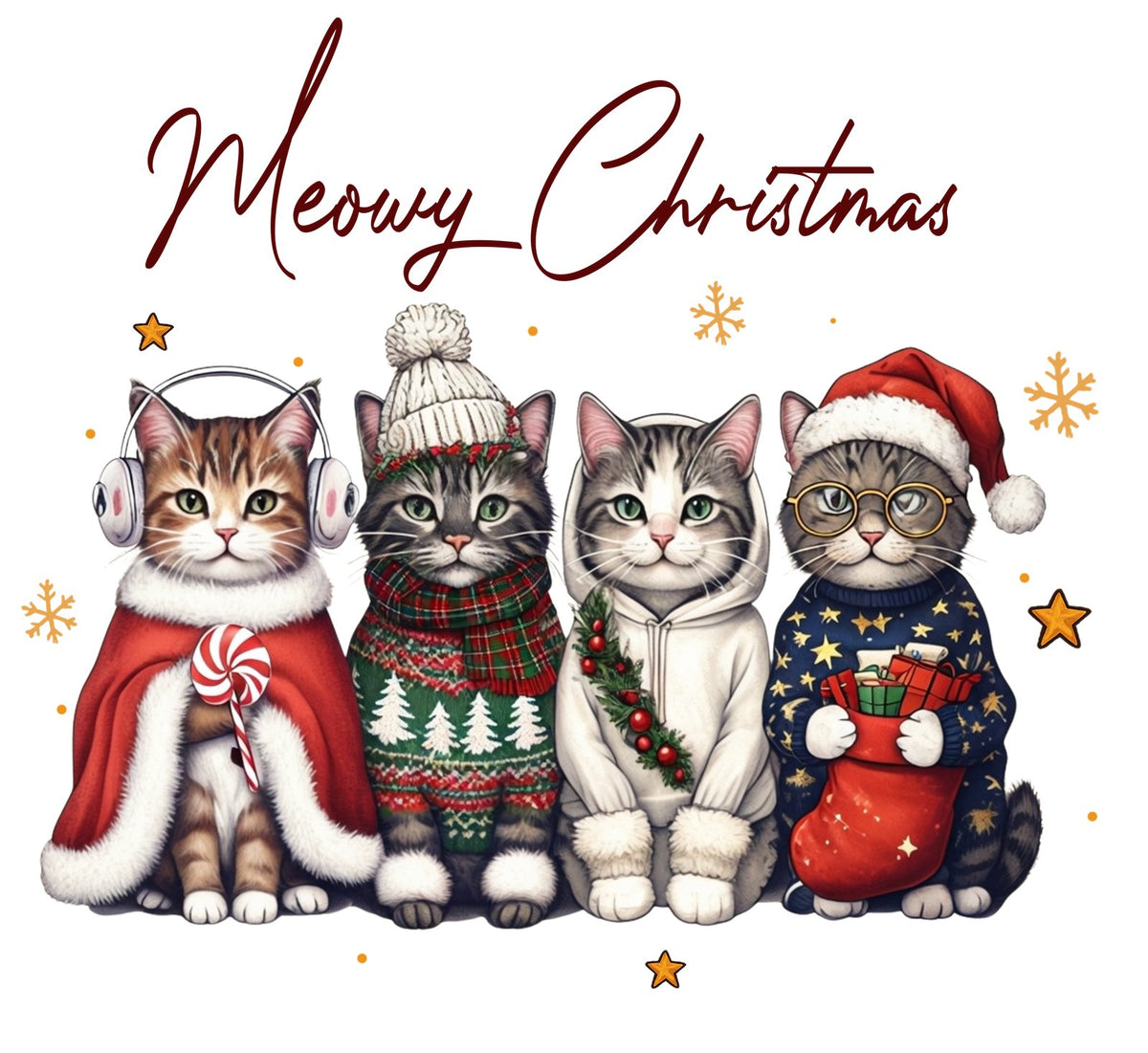 Four cats in Christmas sweaters and hats under red Meowy Christmas script.