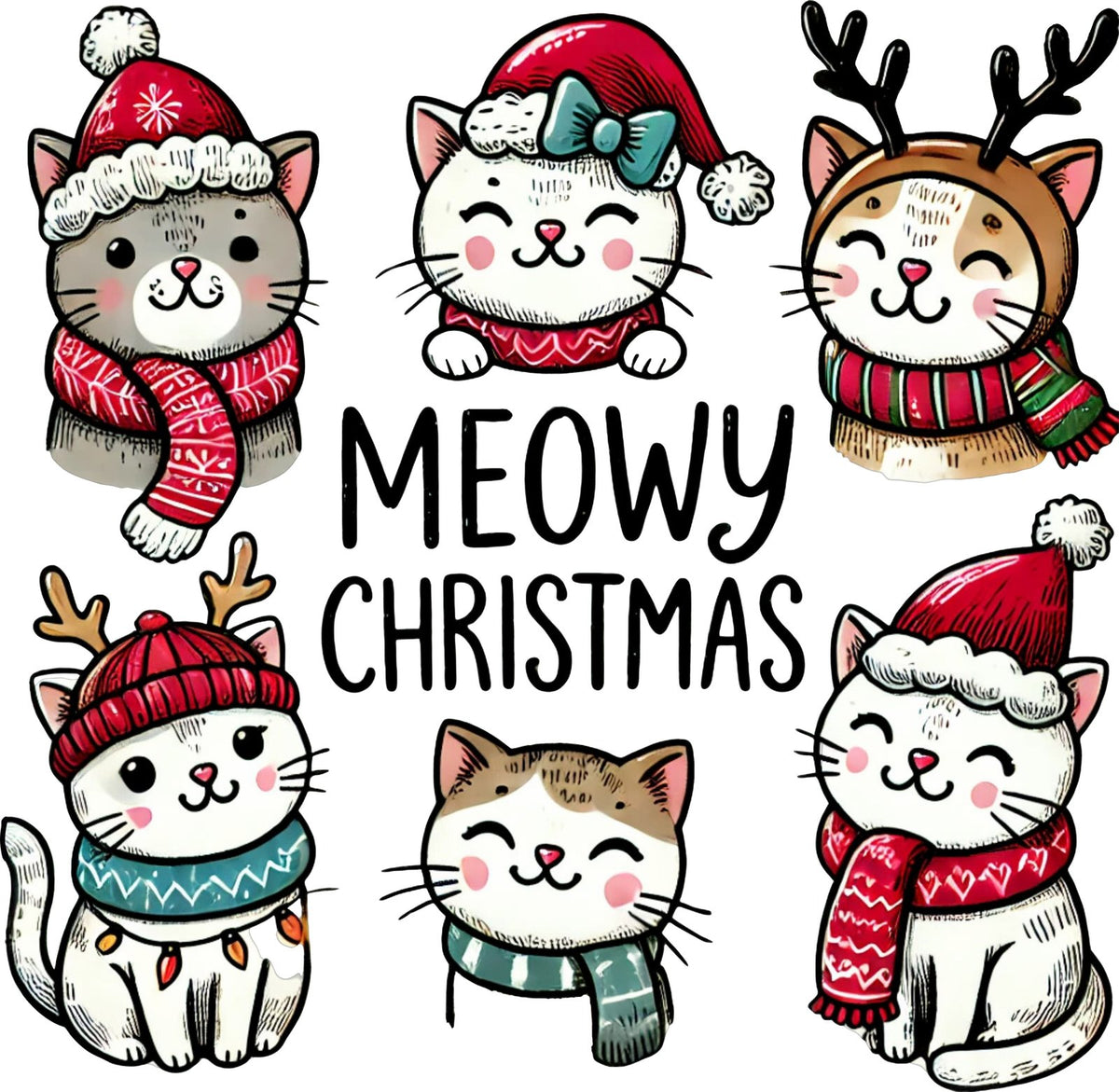 Seven kittens in Christmas hats and scarves around Meowy Christmas lettering.