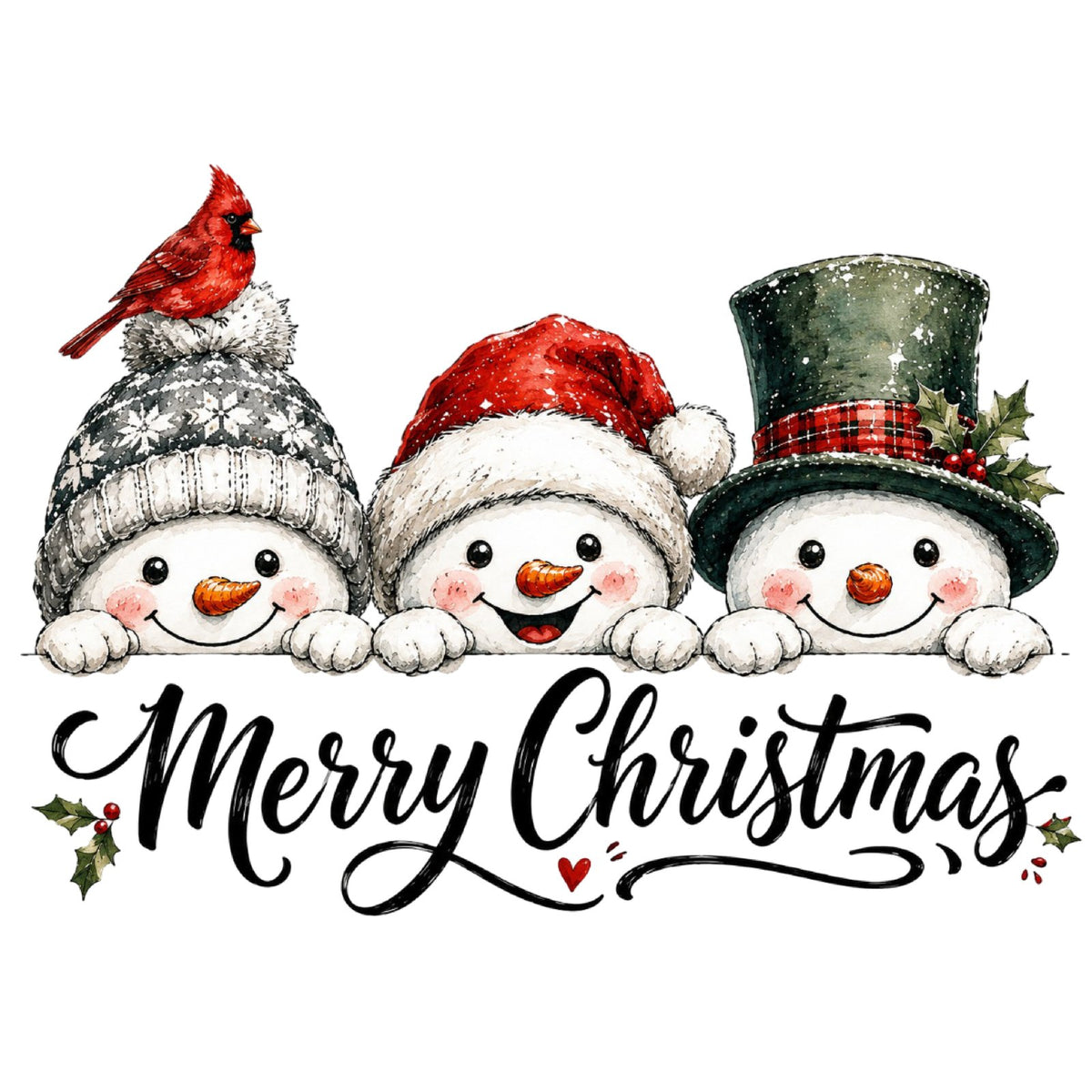 Three peeking snowmen in winter hats with a red cardinal above Merry Christmas script.