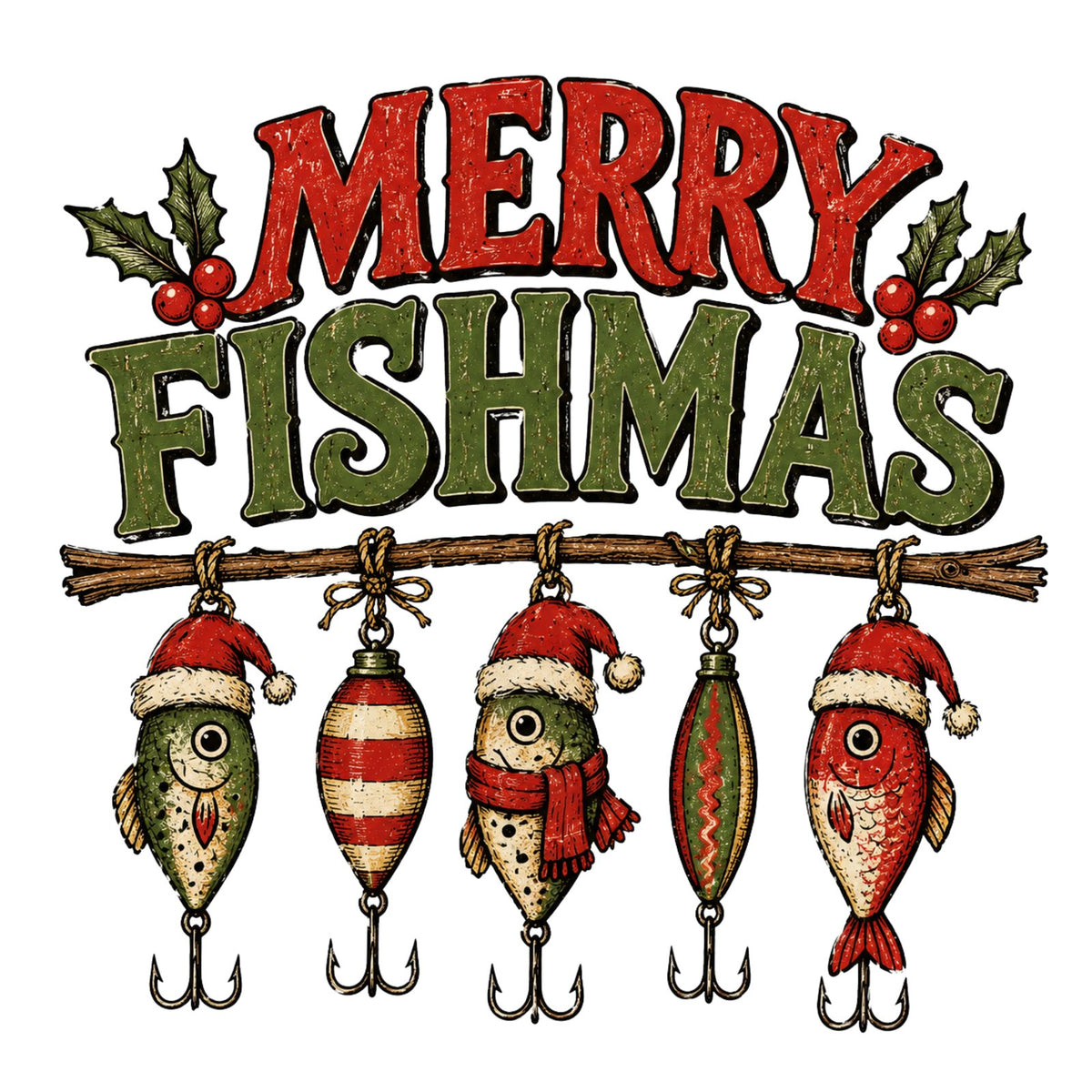 Merry Fishmas lettering with a row of fishing lures in Santa hats and scarves.