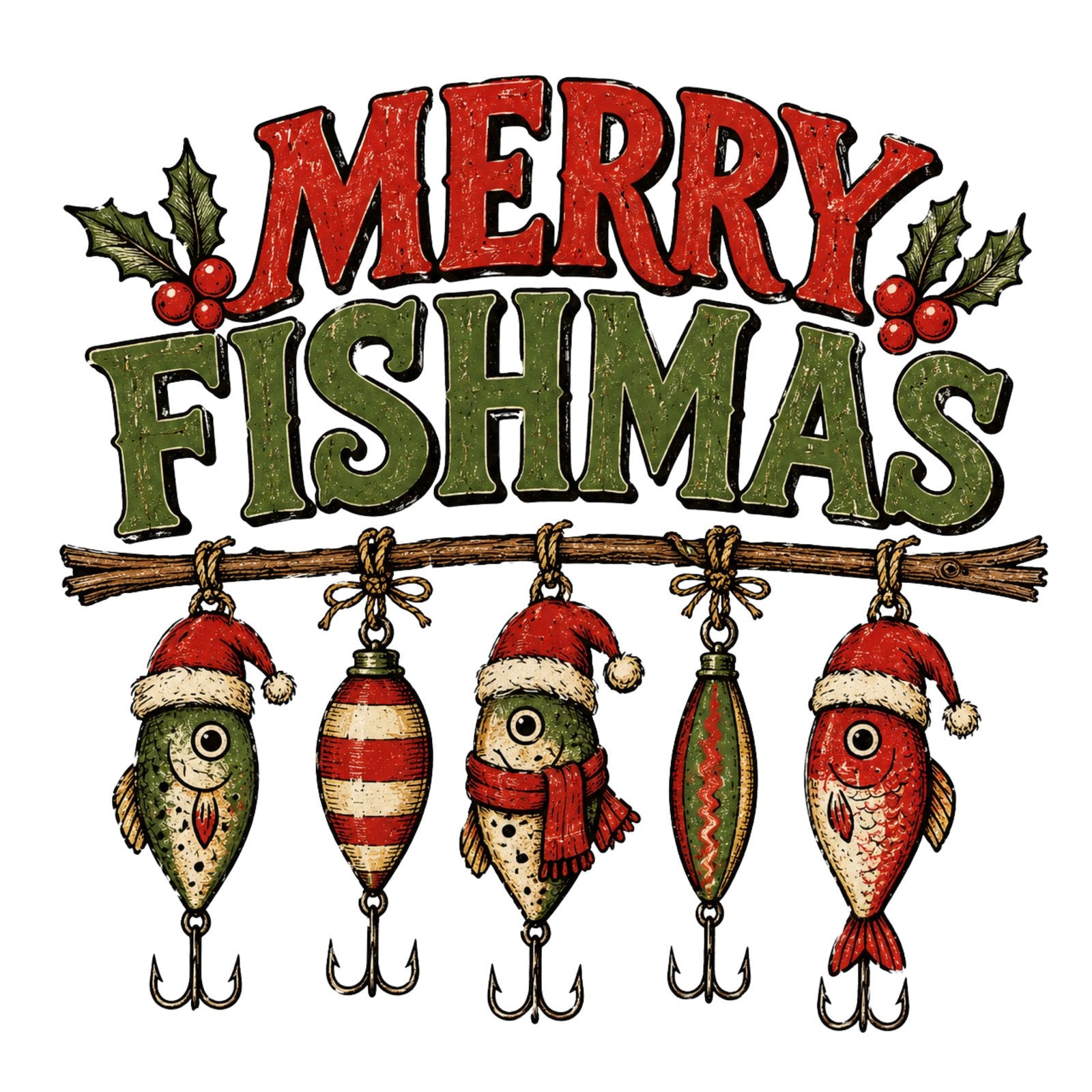 Merry Fishmas lettering with a row of fishing lures in Santa hats and scarves.