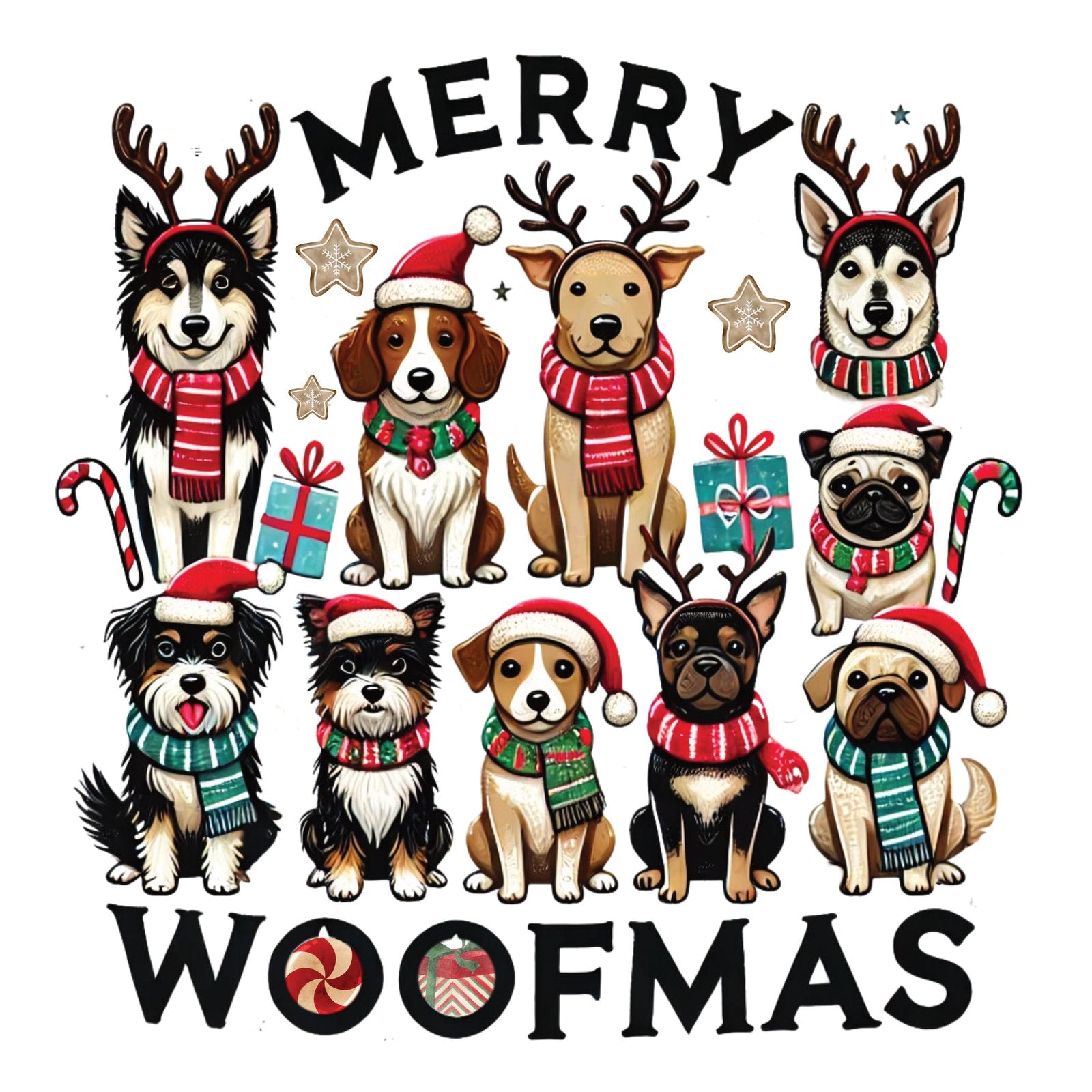 Group of dogs in reindeer antlers, Santa hats and scarves with Merry Woofmas lettering.