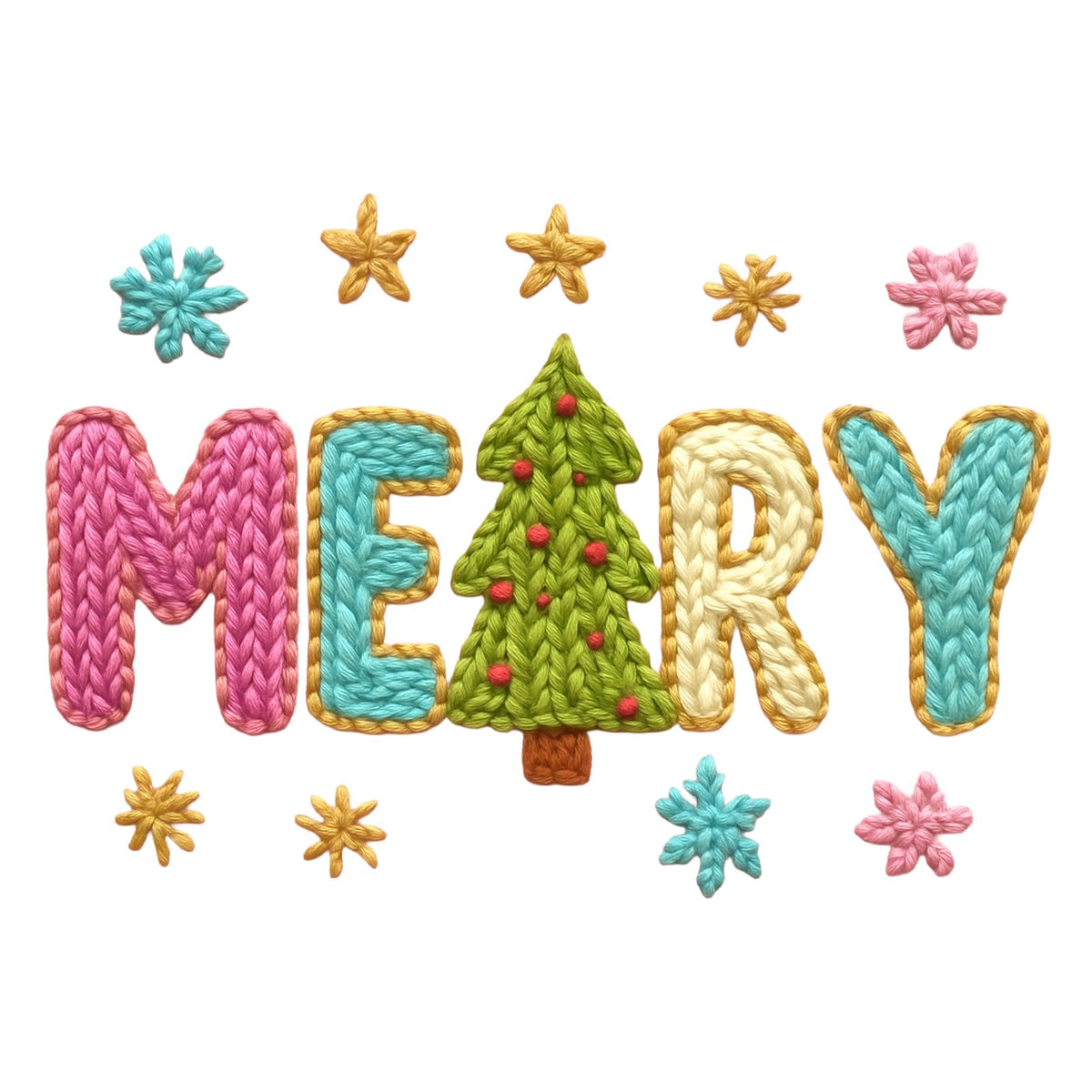 Merry in colourful knit-texture letters with a knitted Christmas tree and snowflakes.