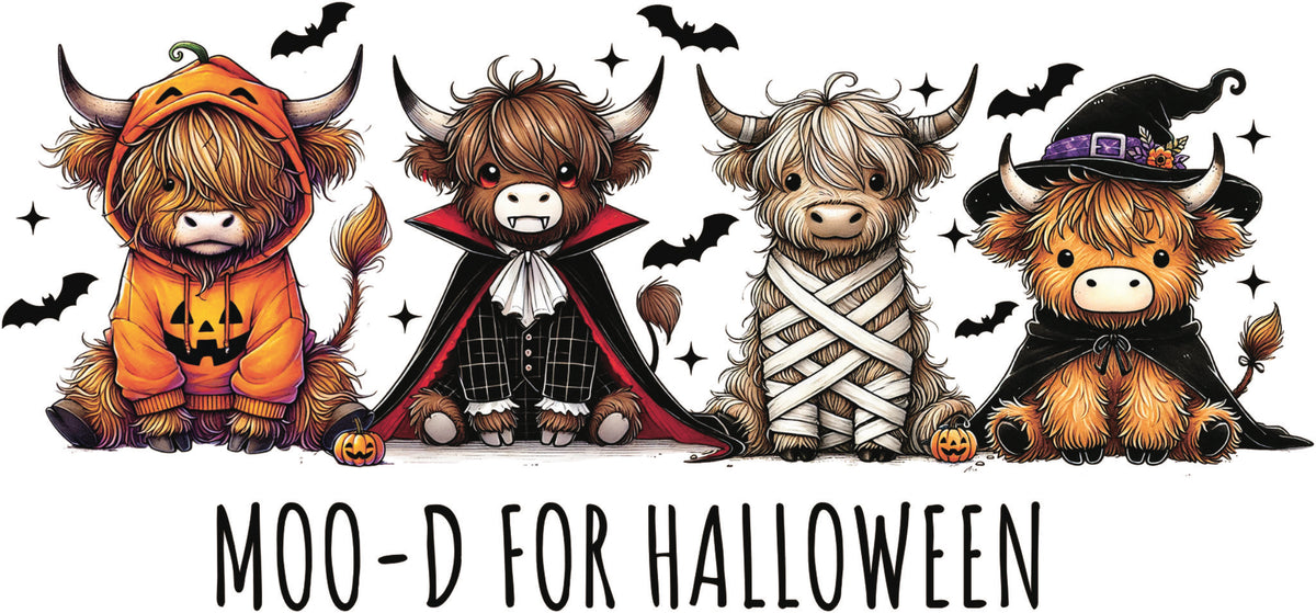 Halloween DTF design with four Highland Cows in pumpkin, vampire, mummy and witch costumes surrounded by bats and text that reads " Moo-D for Halloween."