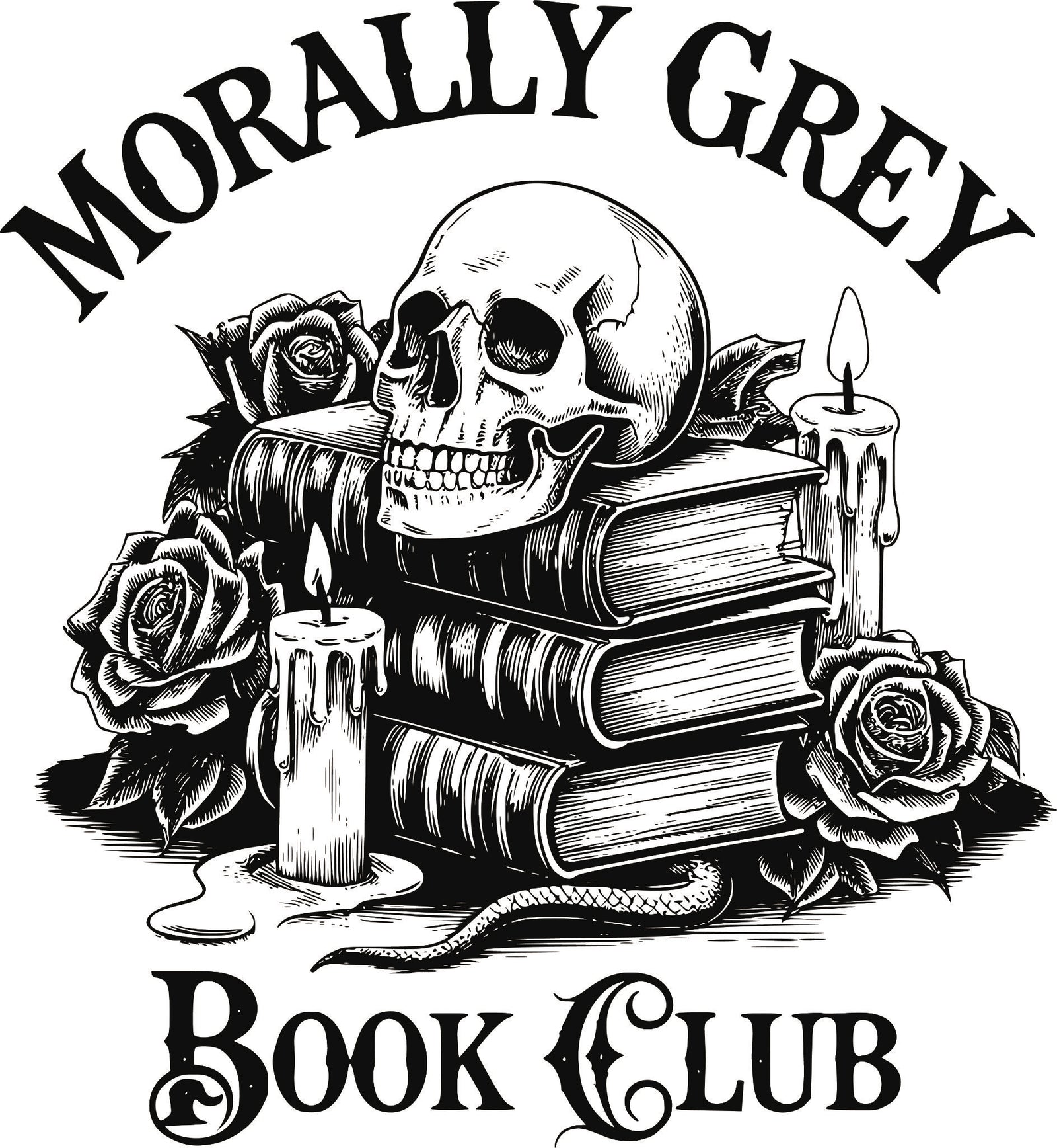 'Morally Grey Book Club' DTF transfer with skull, stacked books, roses and candles in a black design.