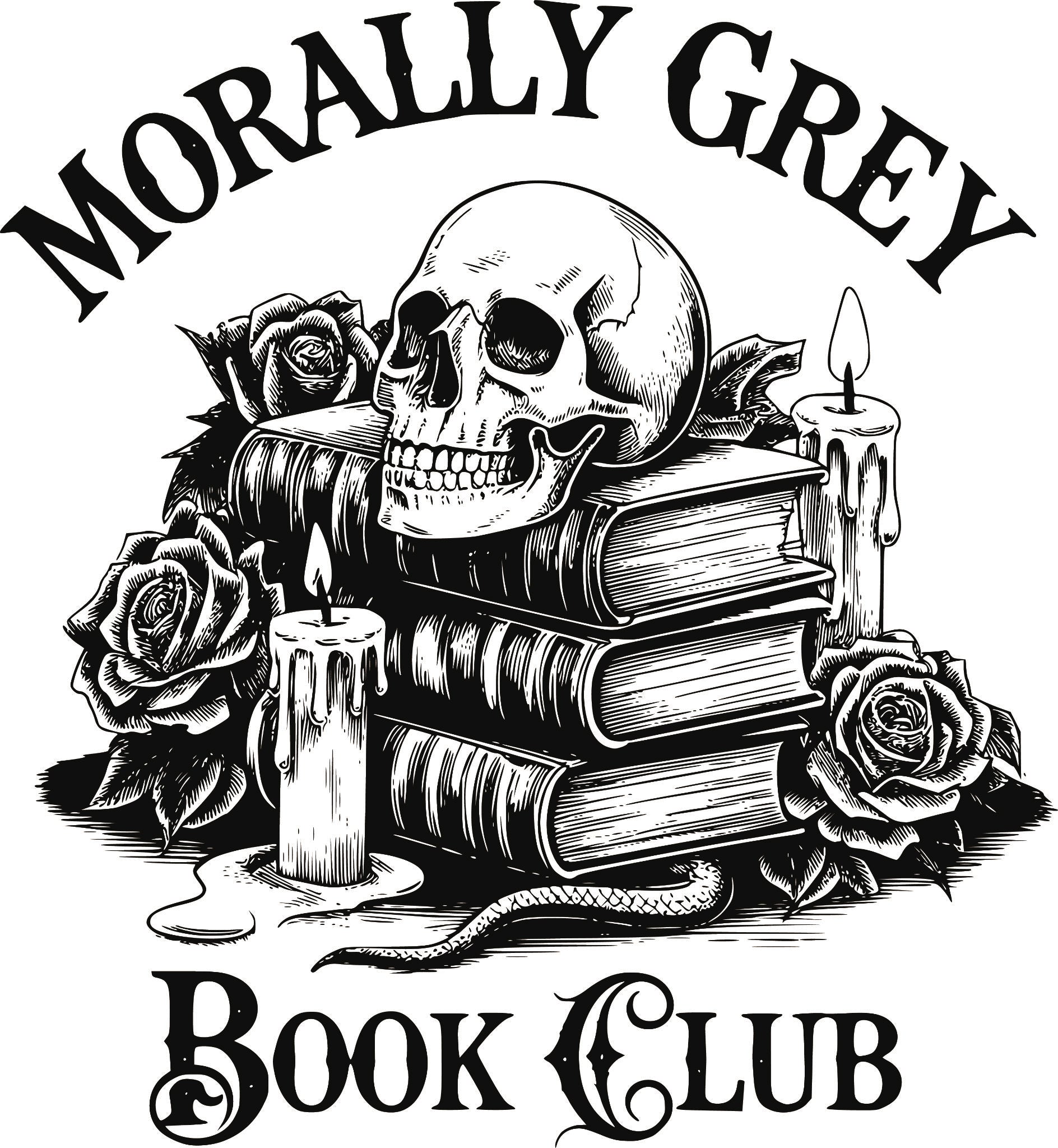 'Morally Grey Book Club' DTF transfer with skull, stacked books, roses and candles in a black design.