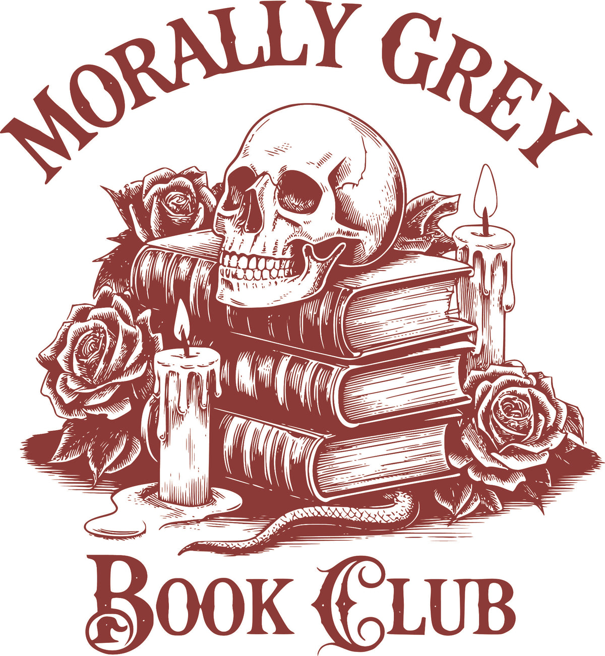 "Morally Grey Book Club' DTF transfer with skull, stacked books, roses and candles, in a maroon colour design.