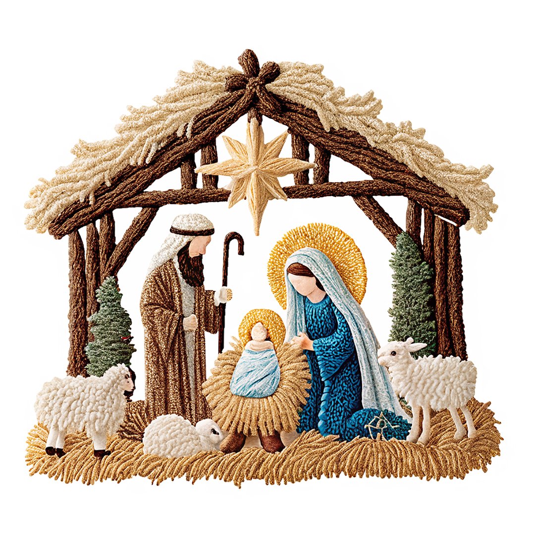 Yarn-texture nativity scene with Mary, Joseph, baby Jesus, star and sheep.