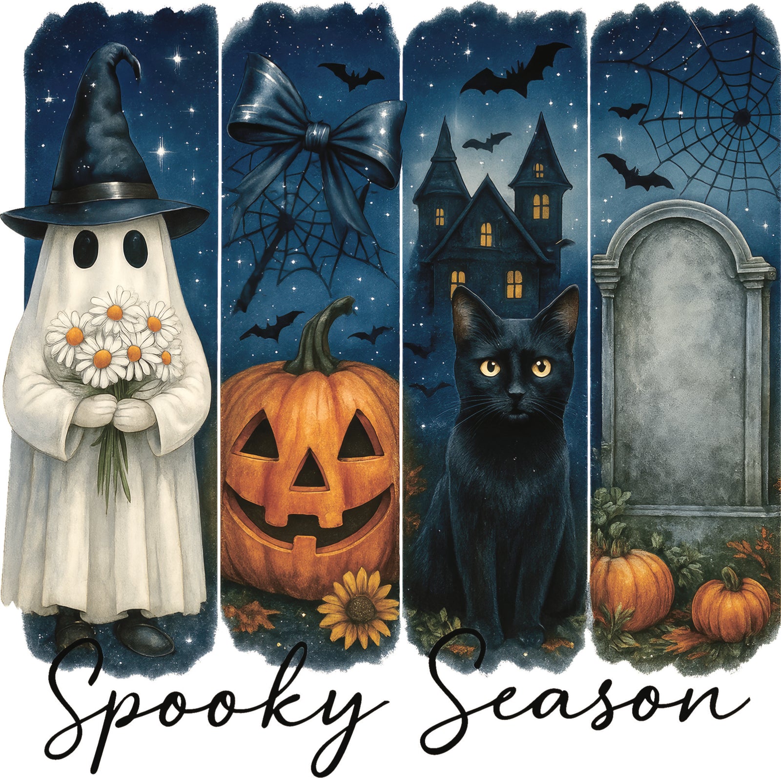 Halloween DTF design featuring a ghost holding daisies, a jack-o-lantern, a black cat, a haunted house and gravestone panels with spider webs and bats, with the words "Spooky Season"