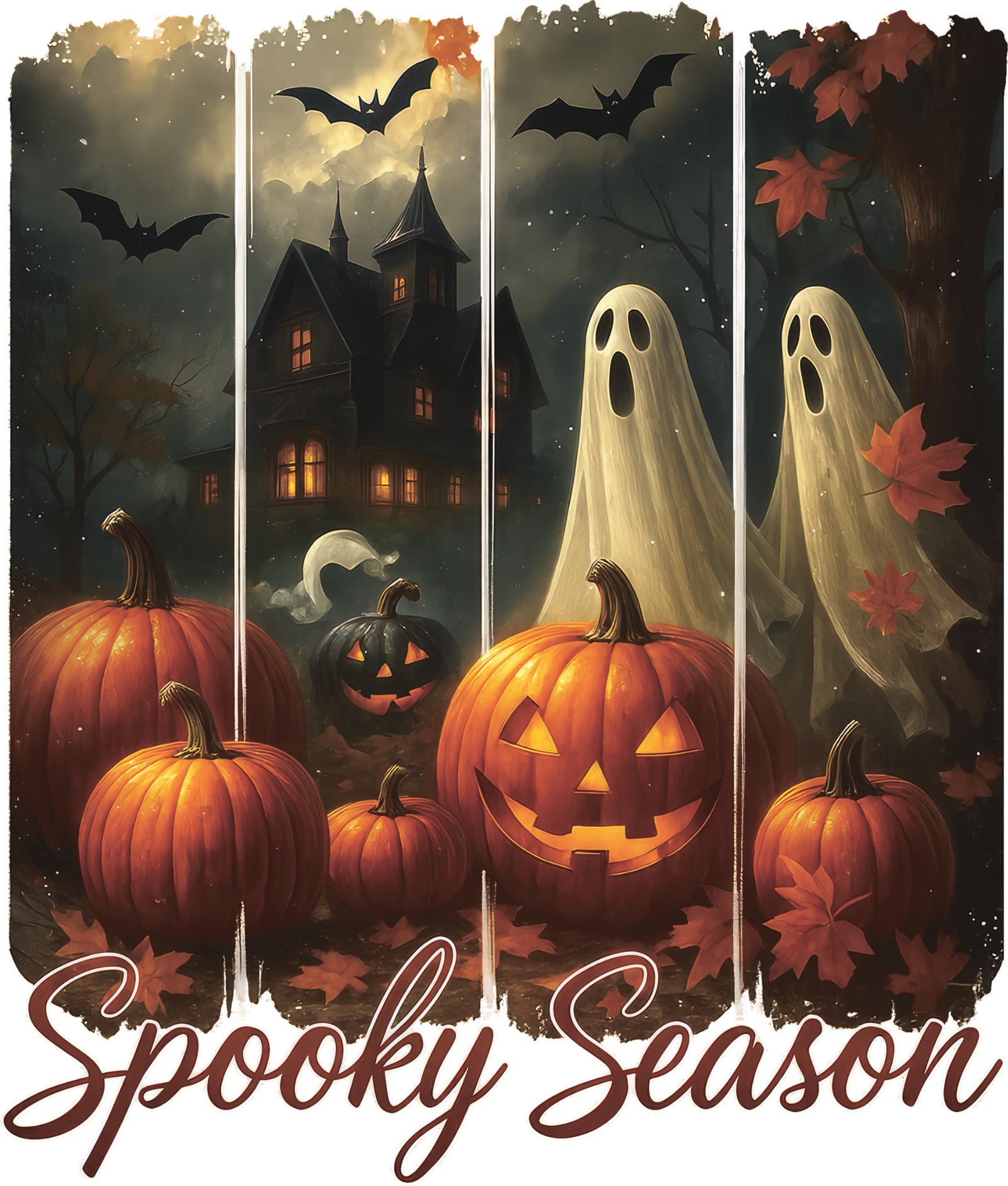 Halloween DTF design with glowing pumpkins, ghosts, bats and a haunted house under fall tress with the text "Spooky Season"