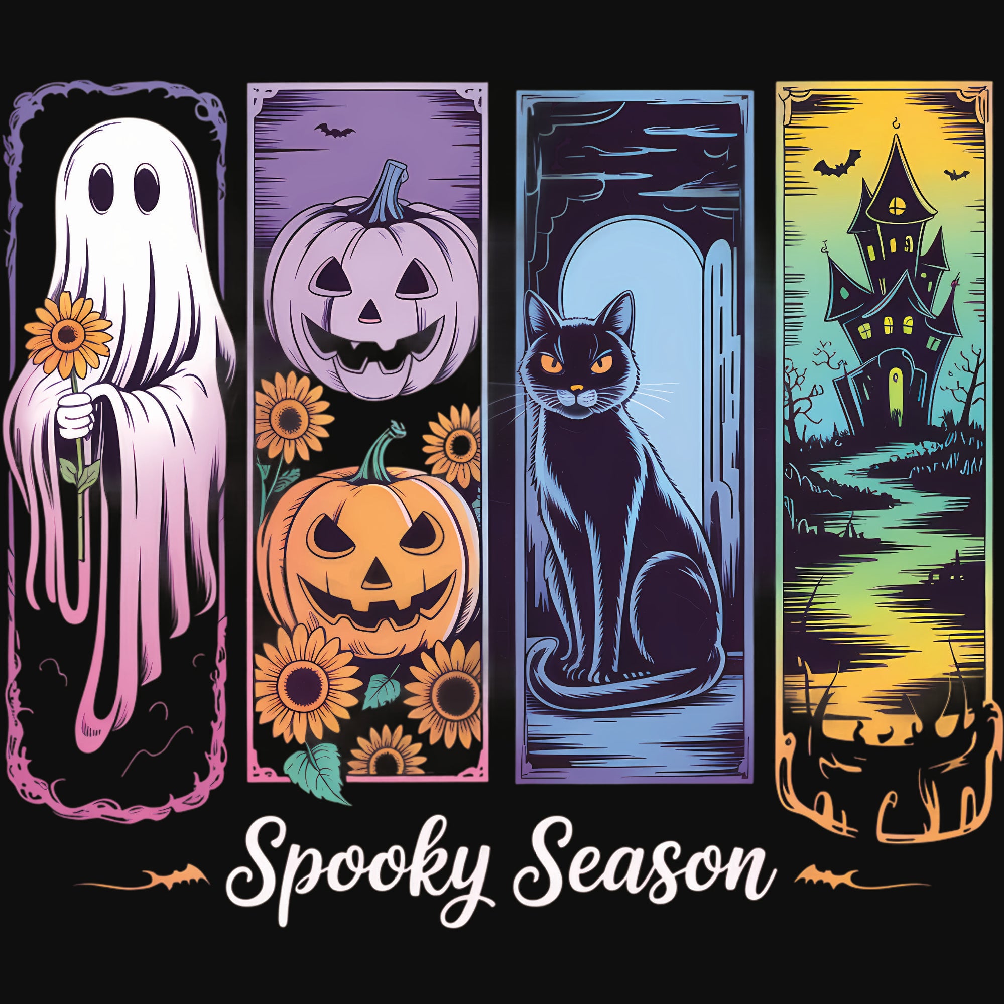 Colourful Halloween DTF design with panels showing a ghost with a sunflower, jack-o-lanterns, a black cat and a haunted house with the words "spooky season"