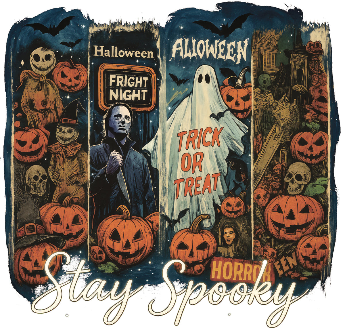Halloween DTF transfer design wth pumpkins, ghosts, skeletons, bats and vintage horror characters featuring the words "Stay Spooky"