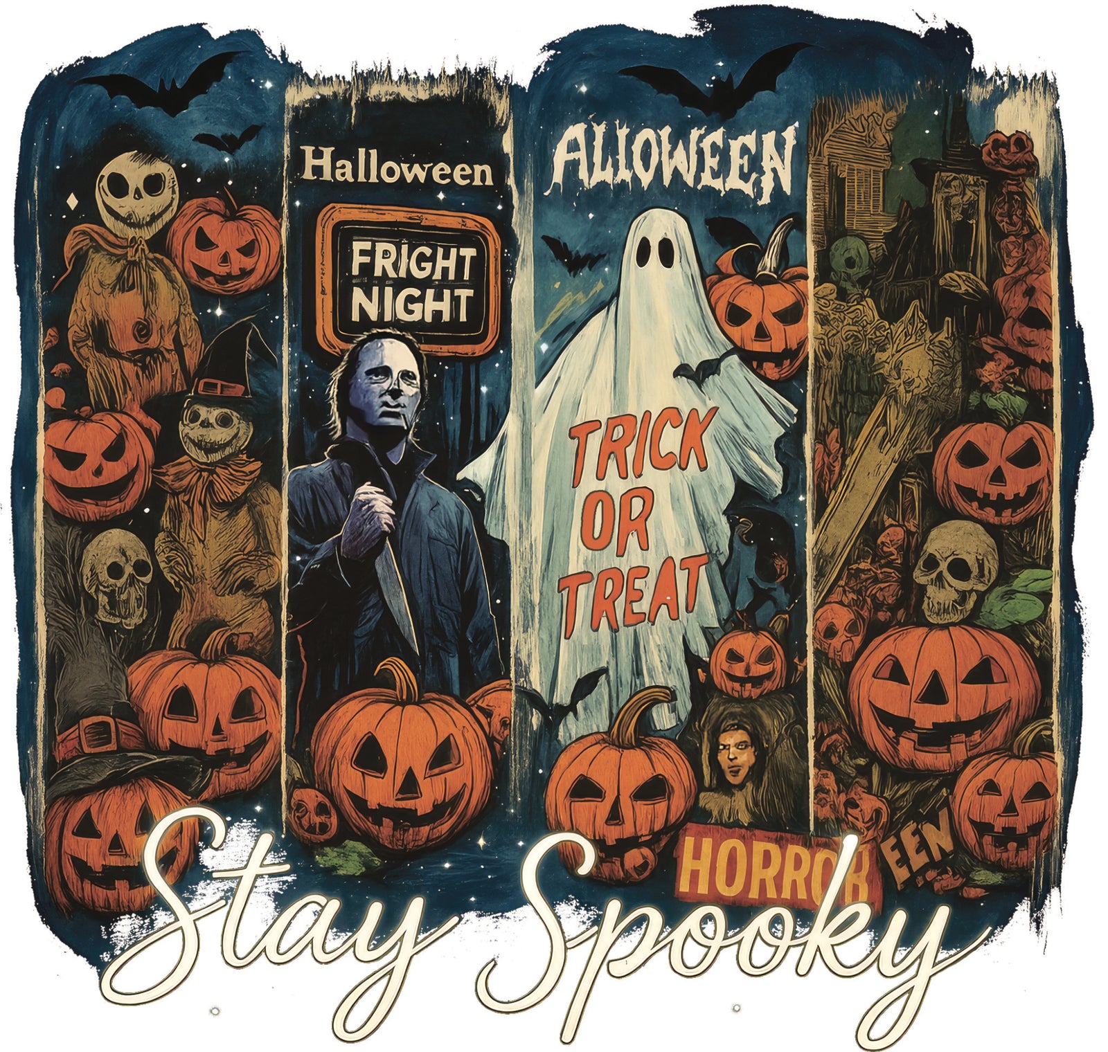 Halloween DTF transfer design wth pumpkins, ghosts, skeletons, bats and vintage horror characters featuring the words "Stay Spooky"
