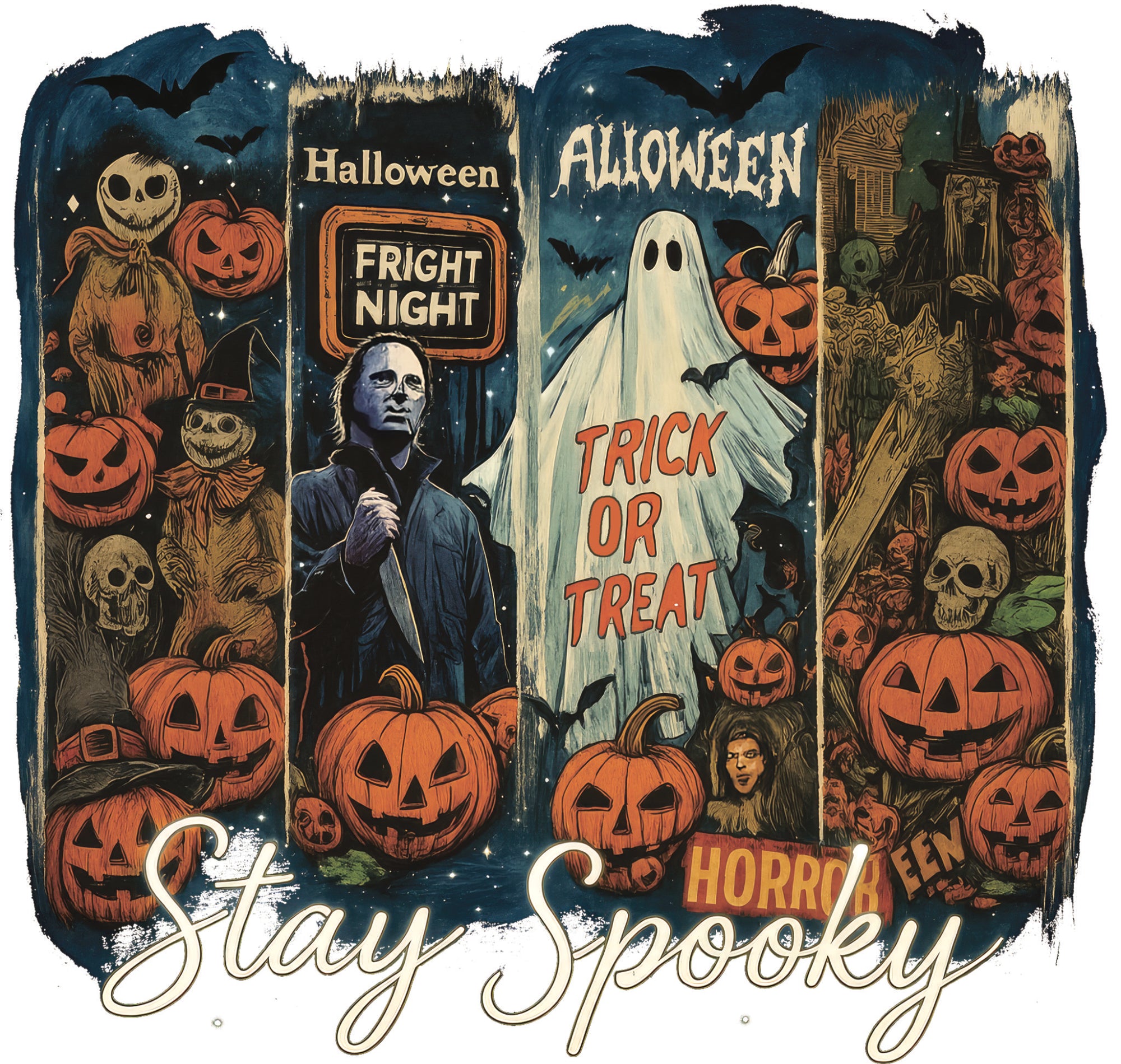 Halloween DTF transfer design wth pumpkins, ghosts, skeletons, bats and vintage horror characters featuring the words "Stay Spooky"
