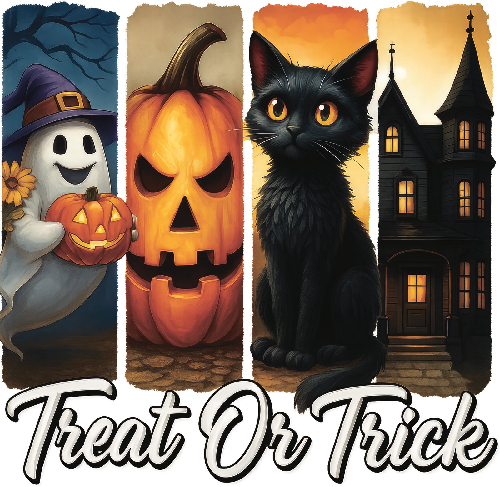 Halloween DTF design featuring a ghost with a pumpkin, a jack-o-lantern, a black cat and a haunted house with the text "Trick or Treat"