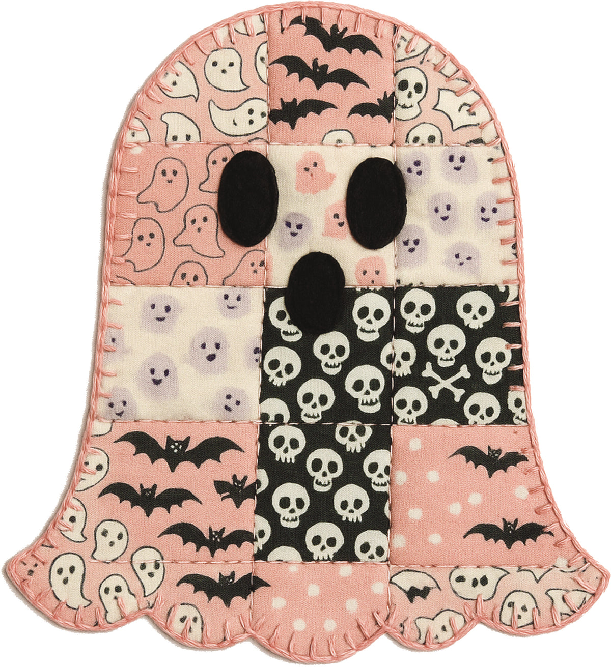 Pastel patchwork ghost design with stitched fabric look patterns featuring bats, skulls, ghosts in pink, cream and black tones.