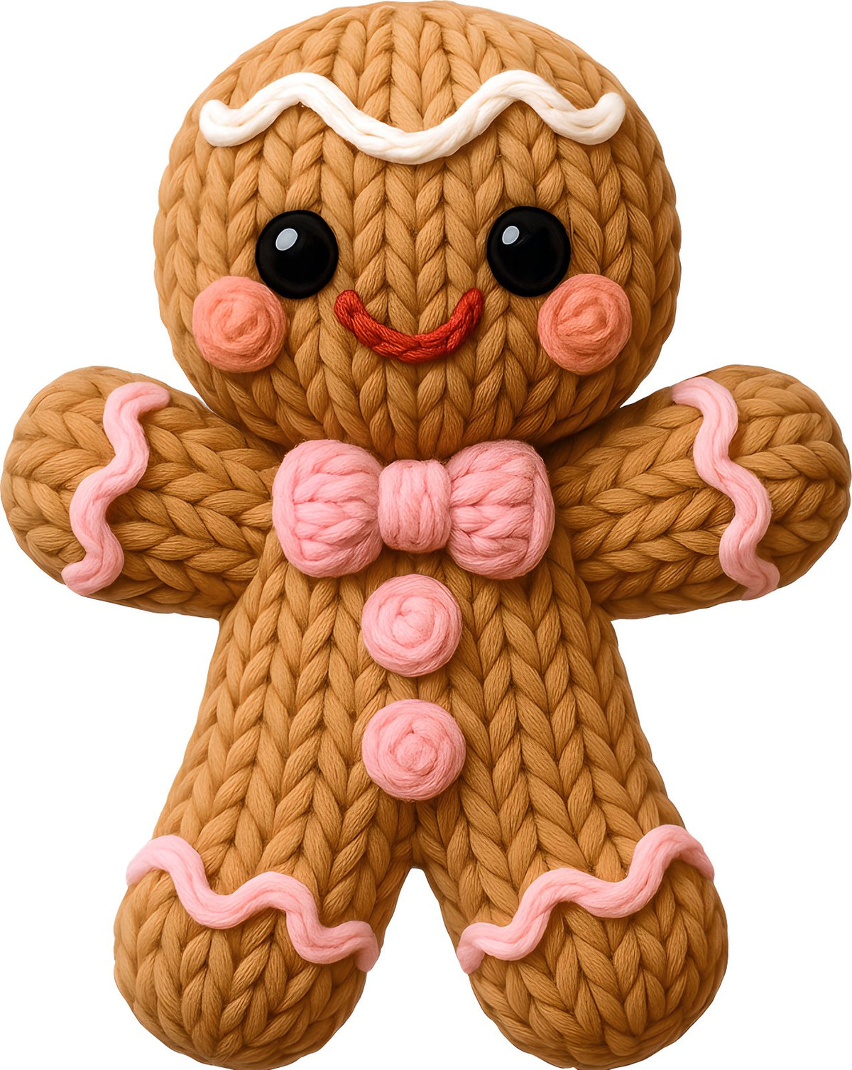 Knit-texture gingerbread man with a pink bow tie, buttons and icing trim.