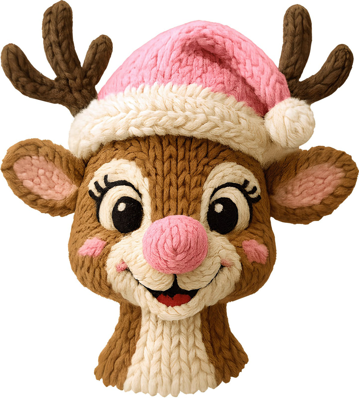 Knit-texture reindeer with a pink nose and pink knit hat.