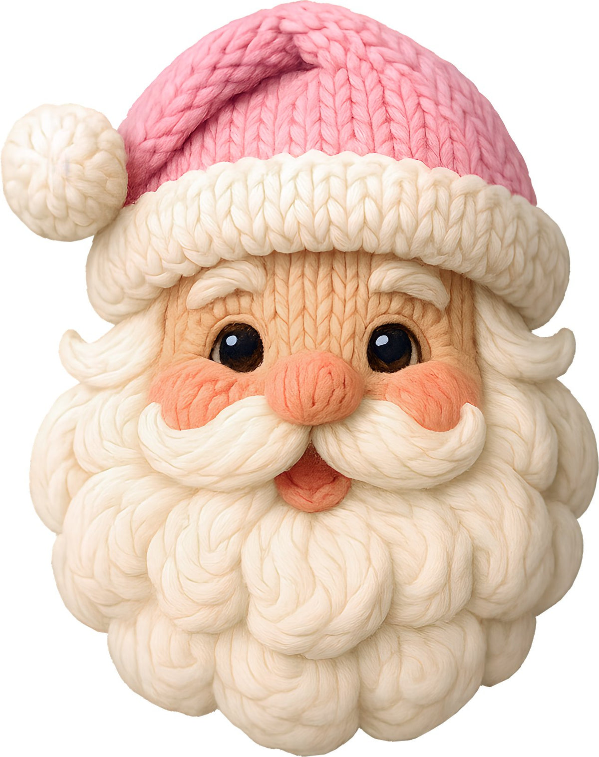 Knit-texture Santa face with a cream beard and pink knit hat.