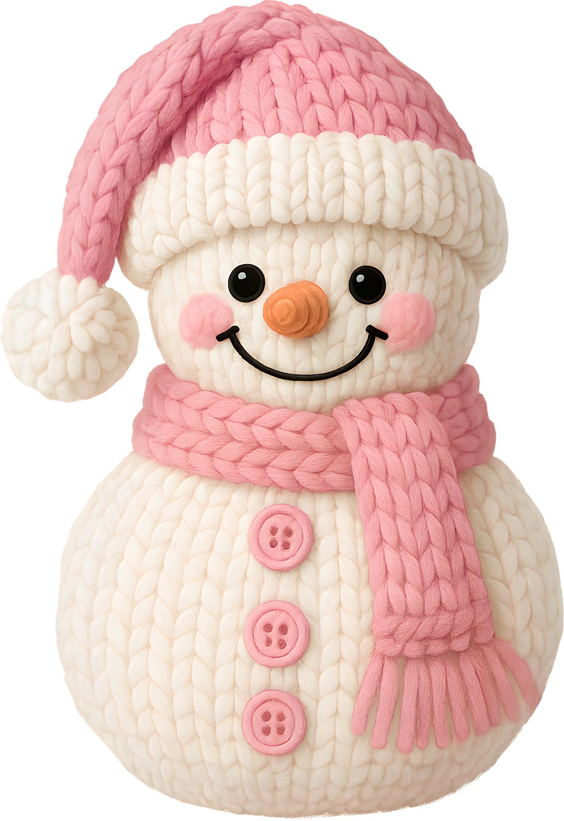 Knit-texture snowman with a pink hat, pink scarf and pink buttons.