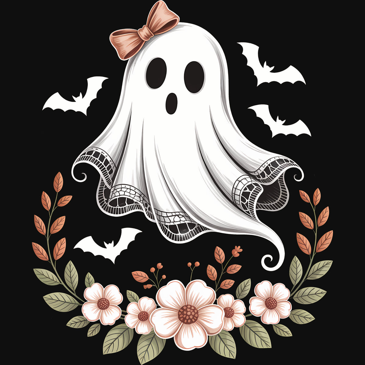 Cute ghost with a peach bow and lace trim surrounded by flowers and white bats, best suited on a dark background.