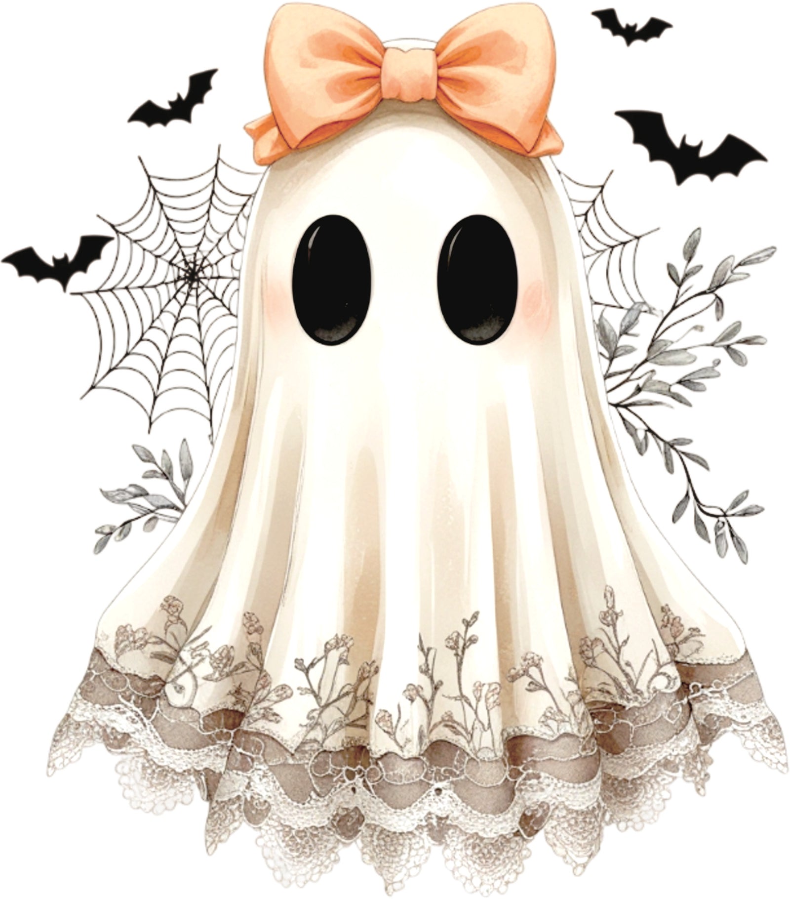 Vintage style ghost design with lace trim, peach bow, spider webs an bats in soft beige and black tones.