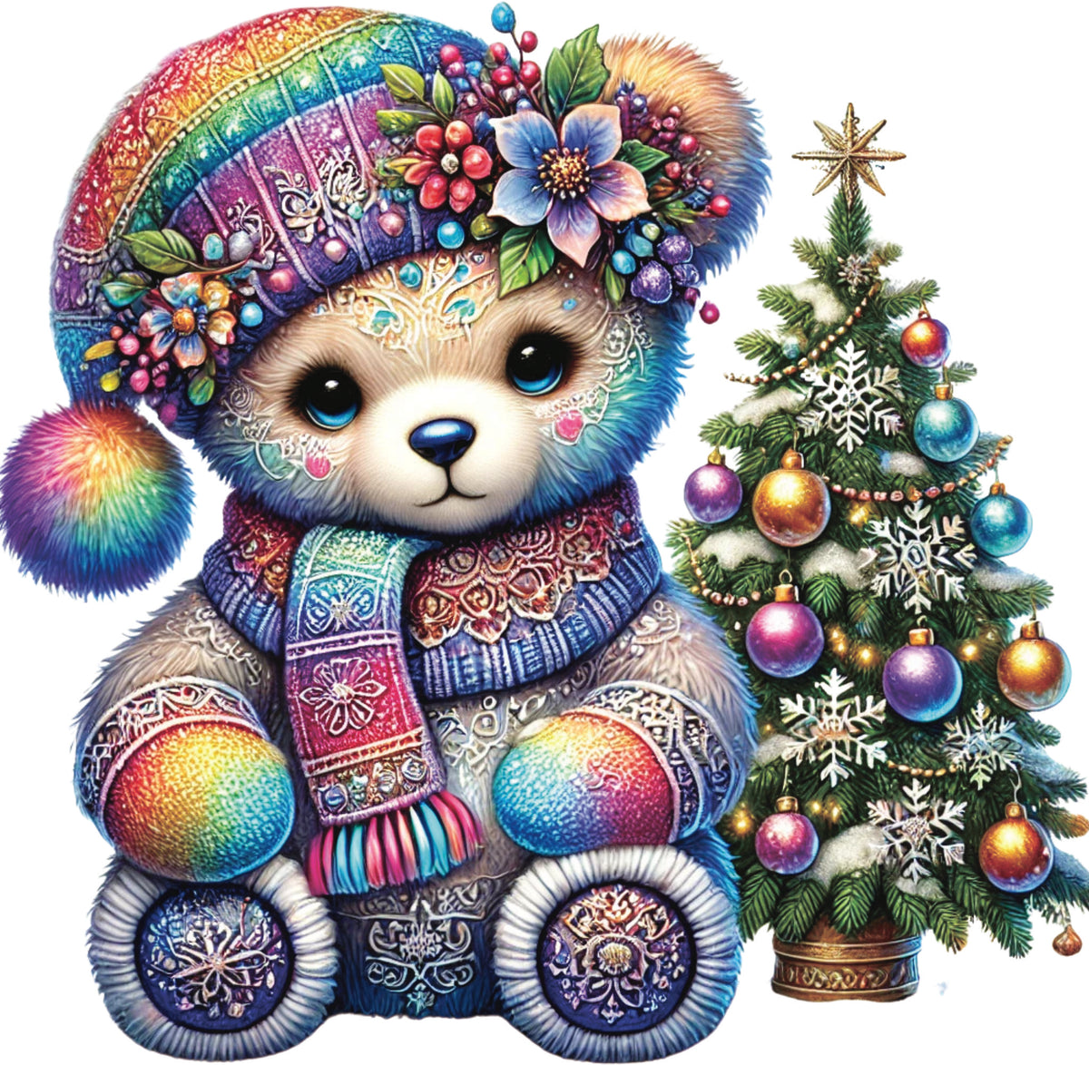 Rainbow holographic bear DTF transfer wearing winter hat and scarf, sitting beside a decorated Christmas tree with ornaments and star topper.