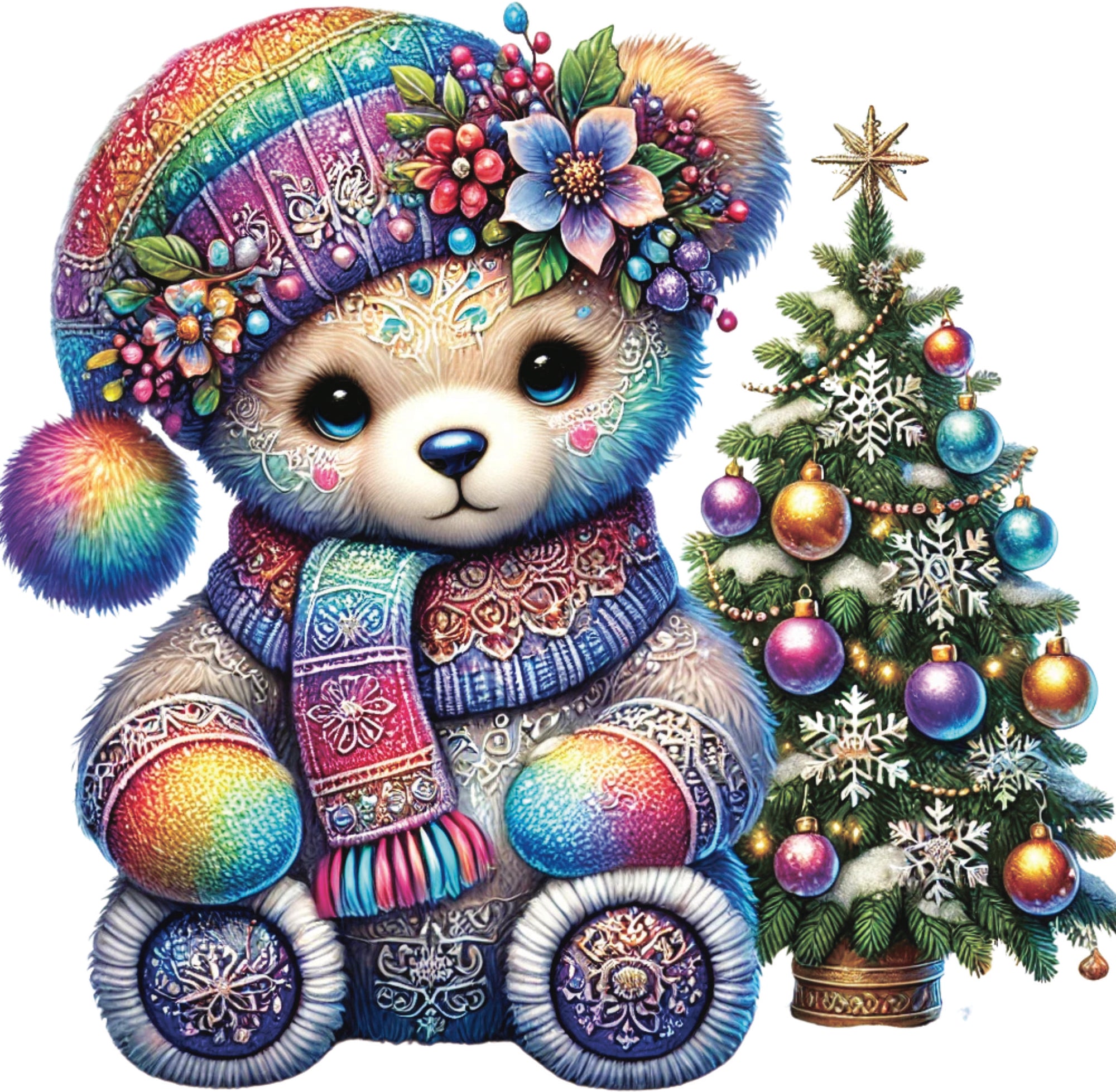 Rainbow holographic bear DTF transfer wearing winter hat and scarf, sitting beside a decorated Christmas tree with ornaments and star topper.
