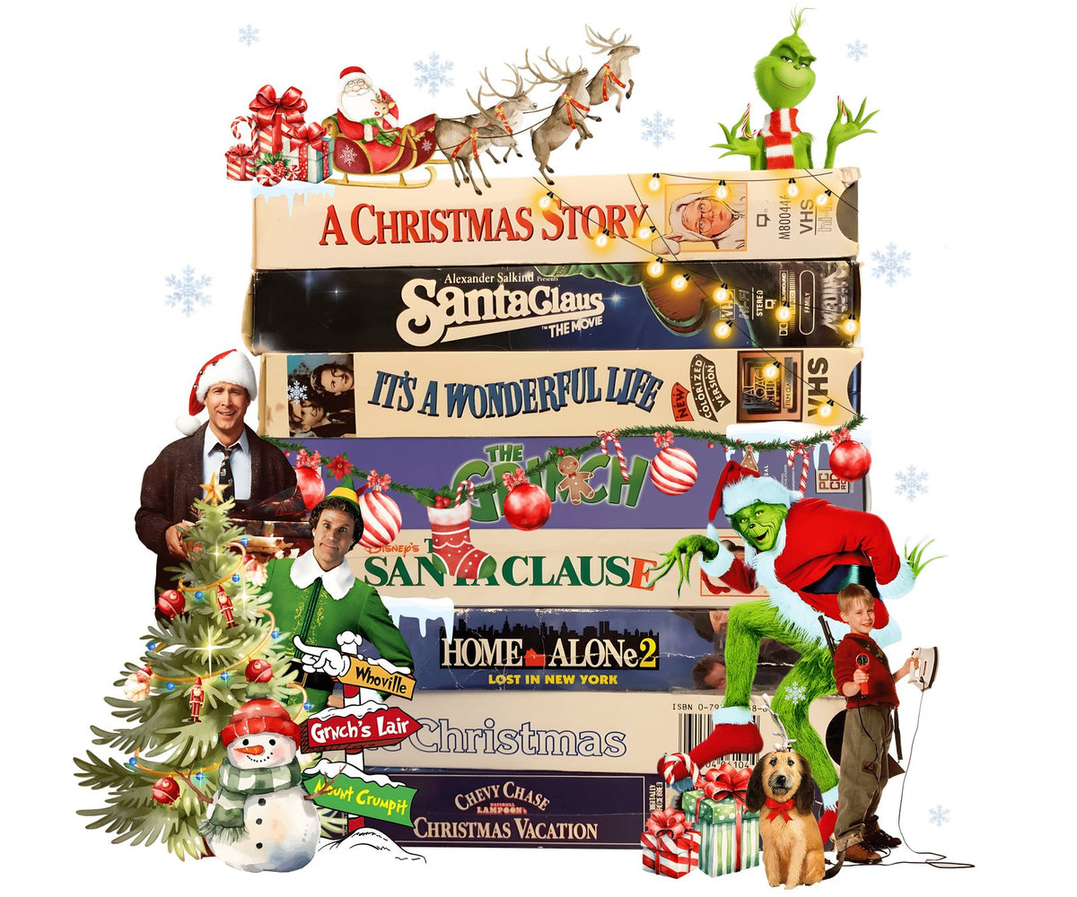 Stack of retro holiday movie tapes surrounded by trees, presents and characters.