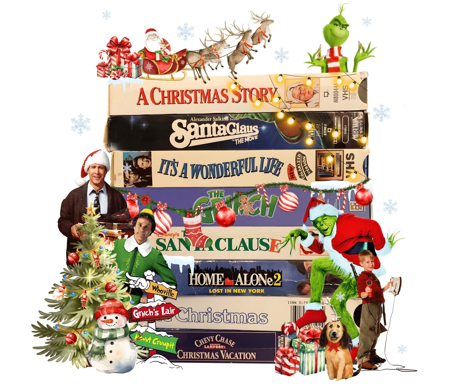Stack of retro holiday movie tapes surrounded by trees, presents and characters.