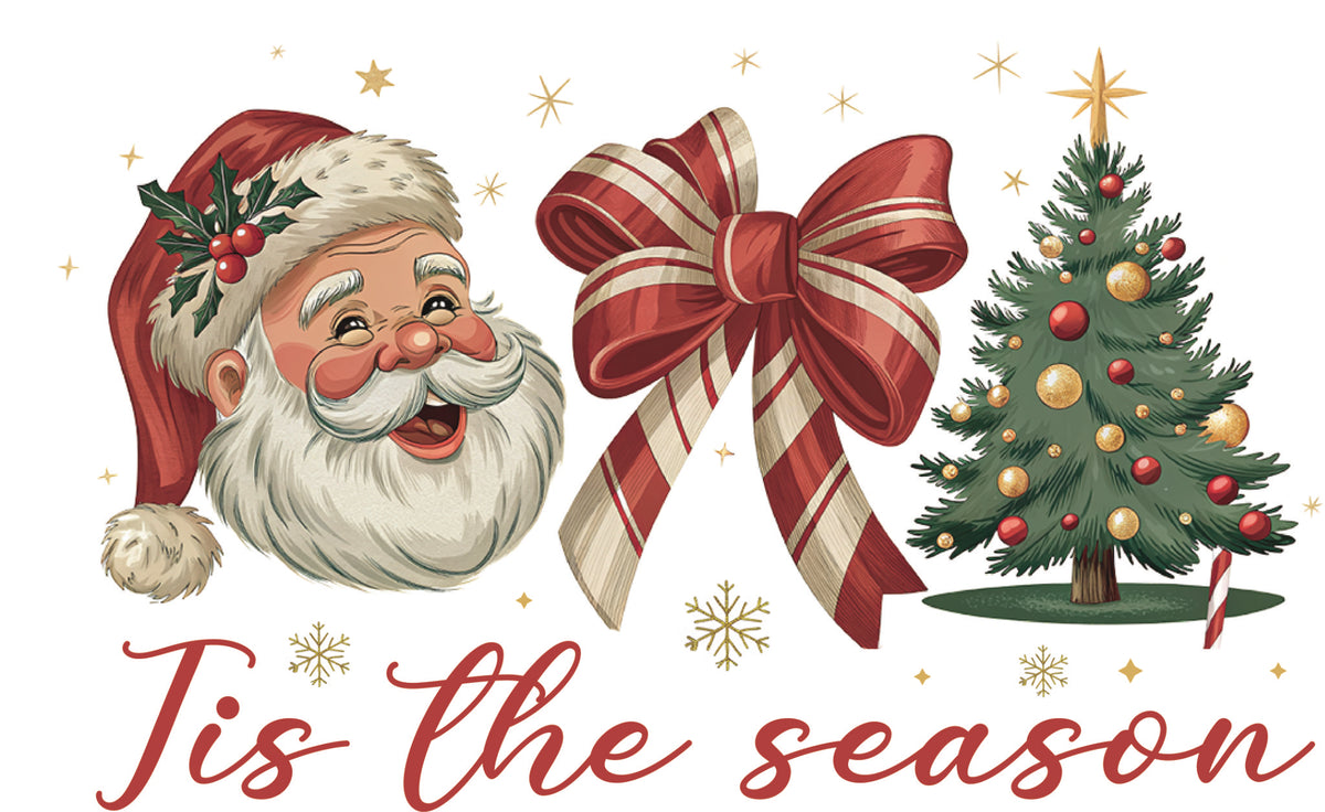 Retro 'Tis the Season' DTF transfer with vintage Santa Claus, red and gold bow, decorated Christmas tree and festive lettering.