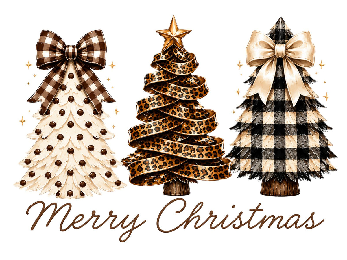 Three Christmas trees in gingham, leopard and buffalo plaid patterns above Merry Christmas script.