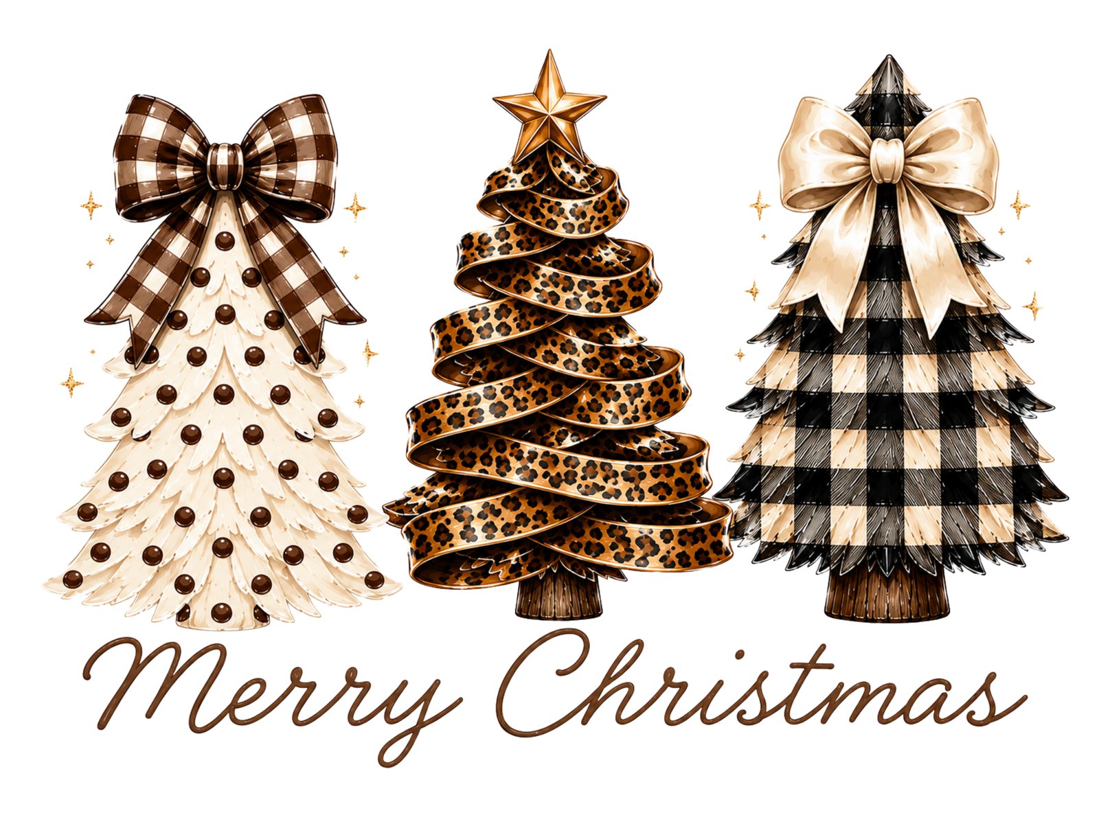 Three Christmas trees in gingham, leopard and buffalo plaid patterns above Merry Christmas script.