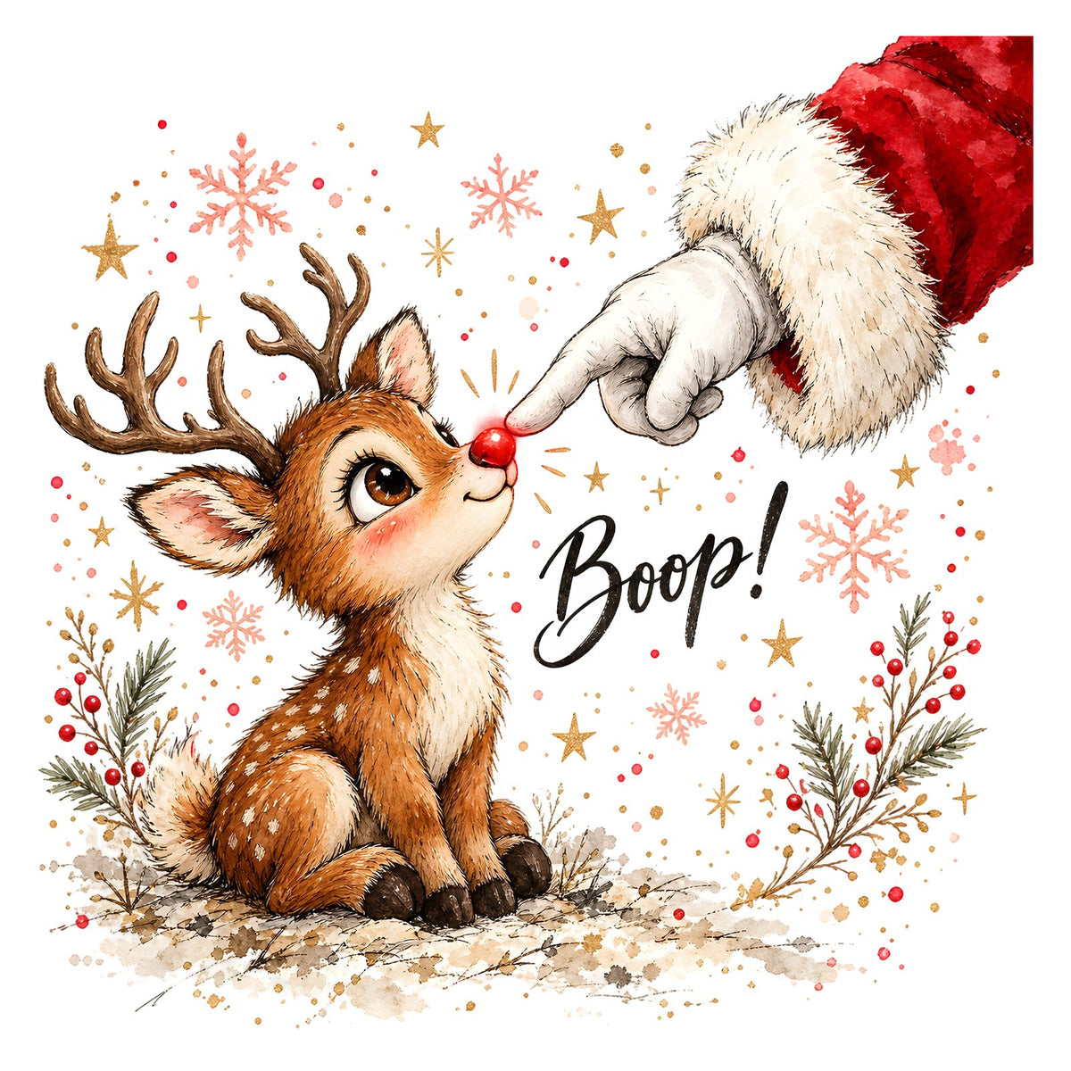 Santa's hand booping the red nose of a baby reindeer with Boop! script.