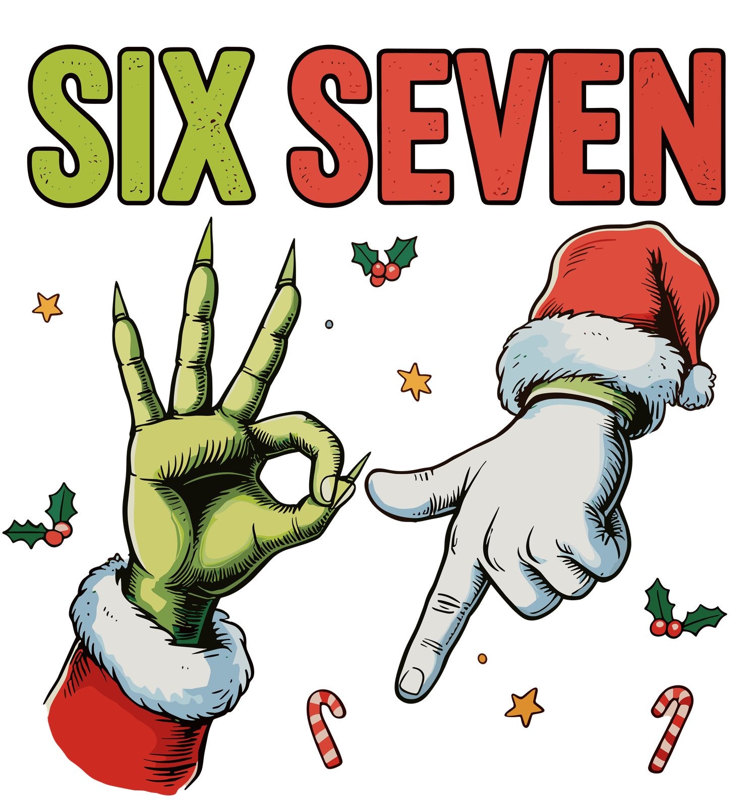 Green hand and Santa's gloved hand making a Six Seven gesture under bold lettering.