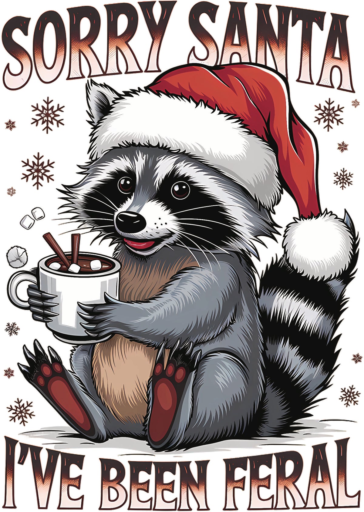 DTF transfer with racoon in Santa hat holding hot chocolate, text reads 'Sorry Santa I've Been Feral' with snowflake accents.