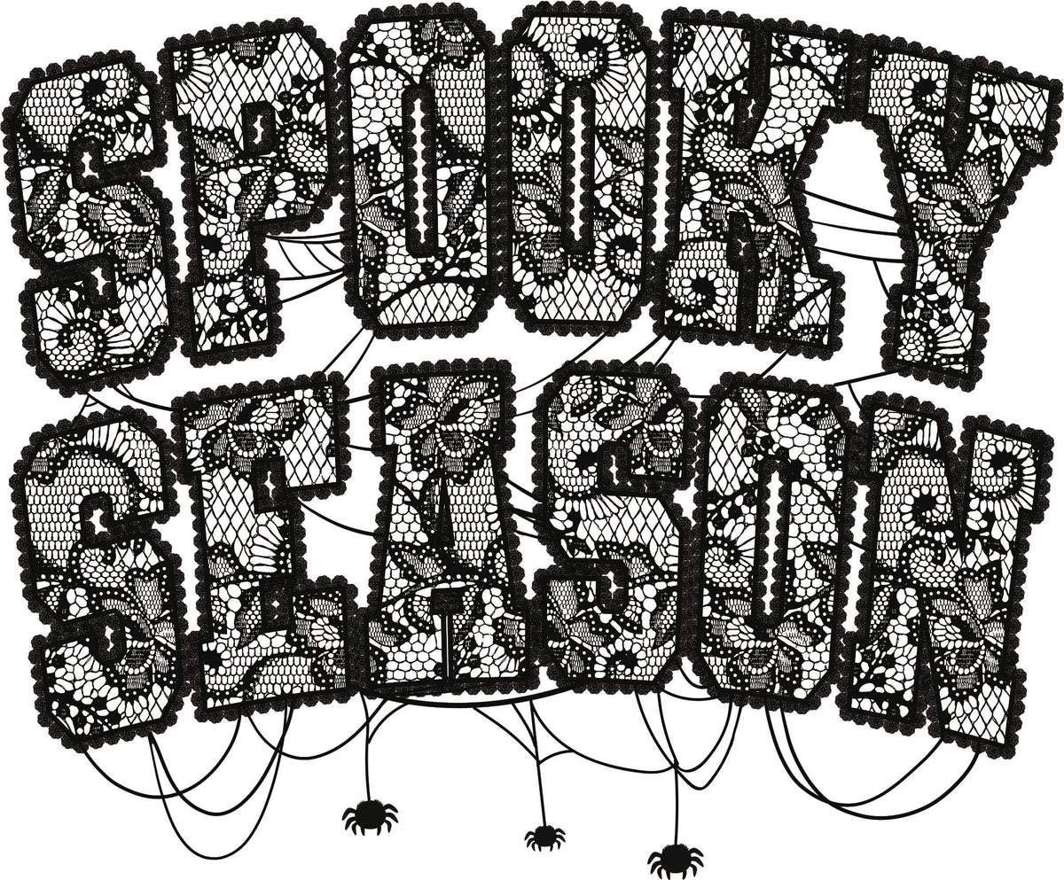 Halloween design with the words "Spooky Season" in black lace patterned letters with spiders and webs hanging below.