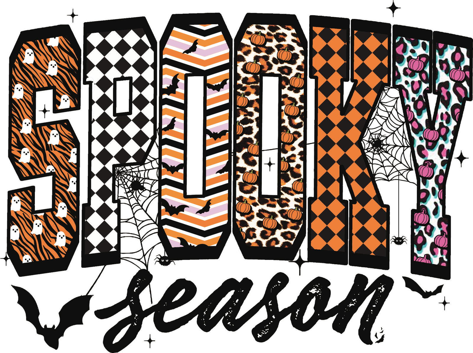 "Spooky Season" Halloween design with patterned block letters in orange, black and white featuring ghosts, pumpkins, animals prints, spiderwebs and bats.