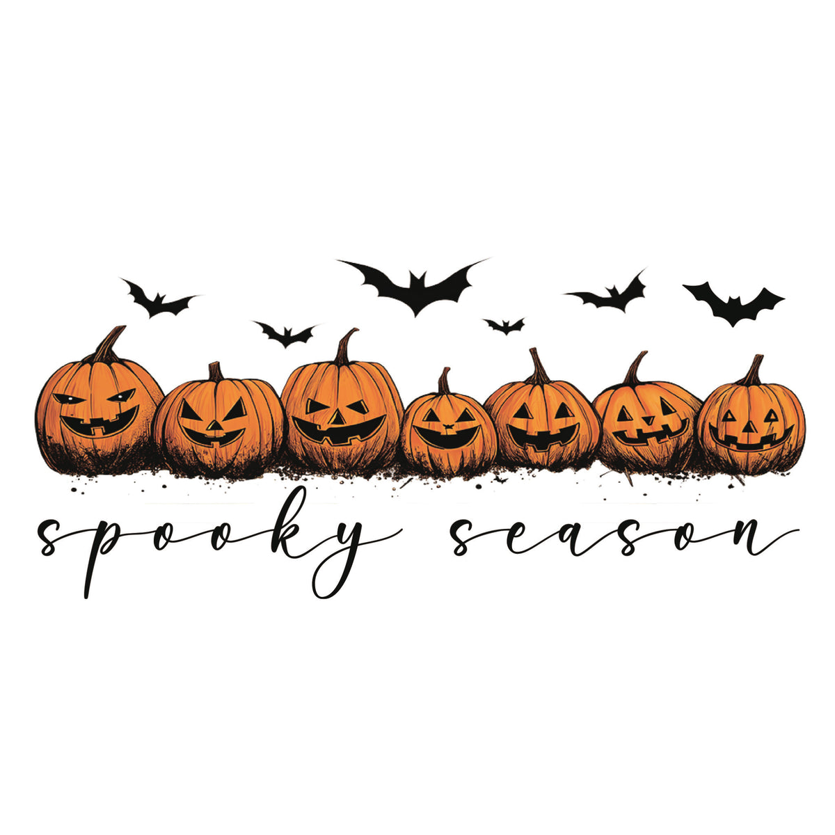 Row of carved jack-o-lantern pumpkins with bats flying above and the words "Spooky Season" written in flowing black script beneath.