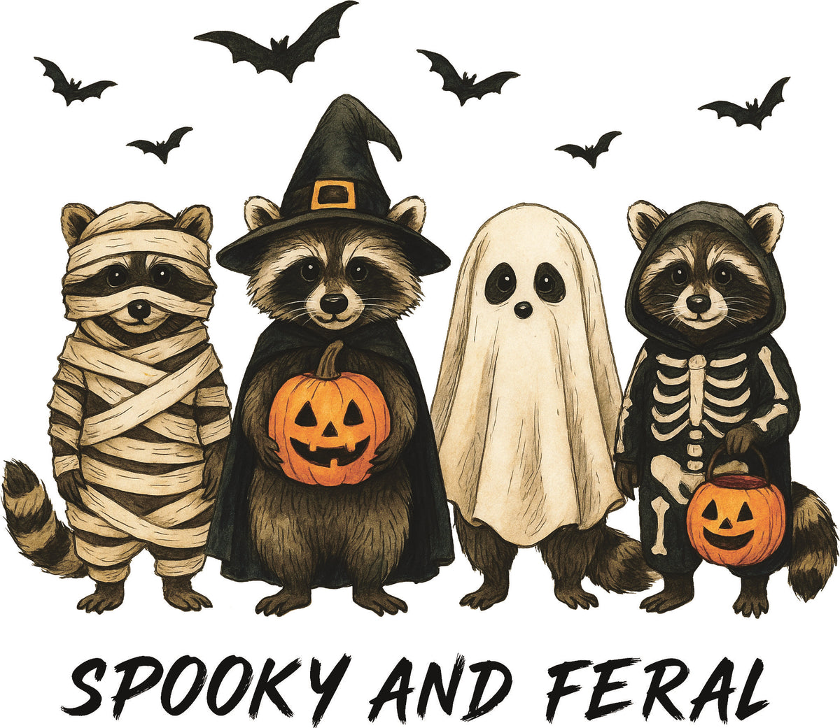 Halloween design with four raccoons dressed as a mummy, witch, ghost and skeleton surrounded by flying bats and the text "spooky and feral"