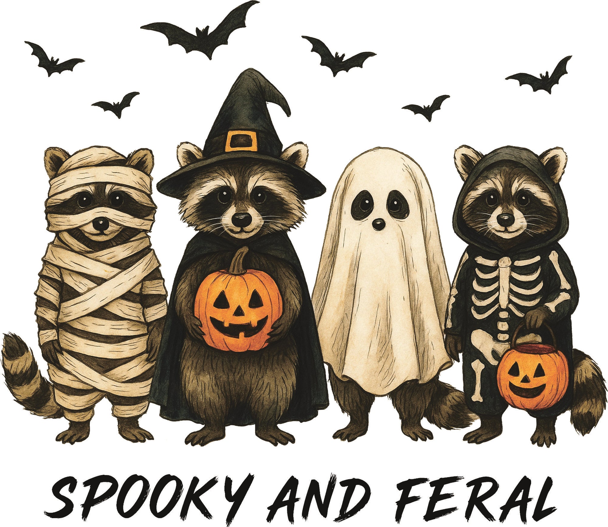 Halloween design with four raccoons dressed as a mummy, witch, ghost and skeleton surrounded by flying bats and the text "spooky and feral"