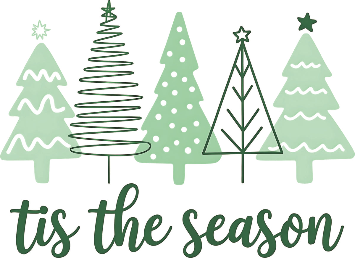 A festive and modern collection of pink, gray, and brown Christmas trees arranged in a cohesive holiday design. The illustration features stylized trees with varying textures, including solid fill, polka dots, and small lines, giving it a playful yet sophisticated feel. The colour palette is soft and muted, with a dominant forest green, complementing shades of mint, sage.