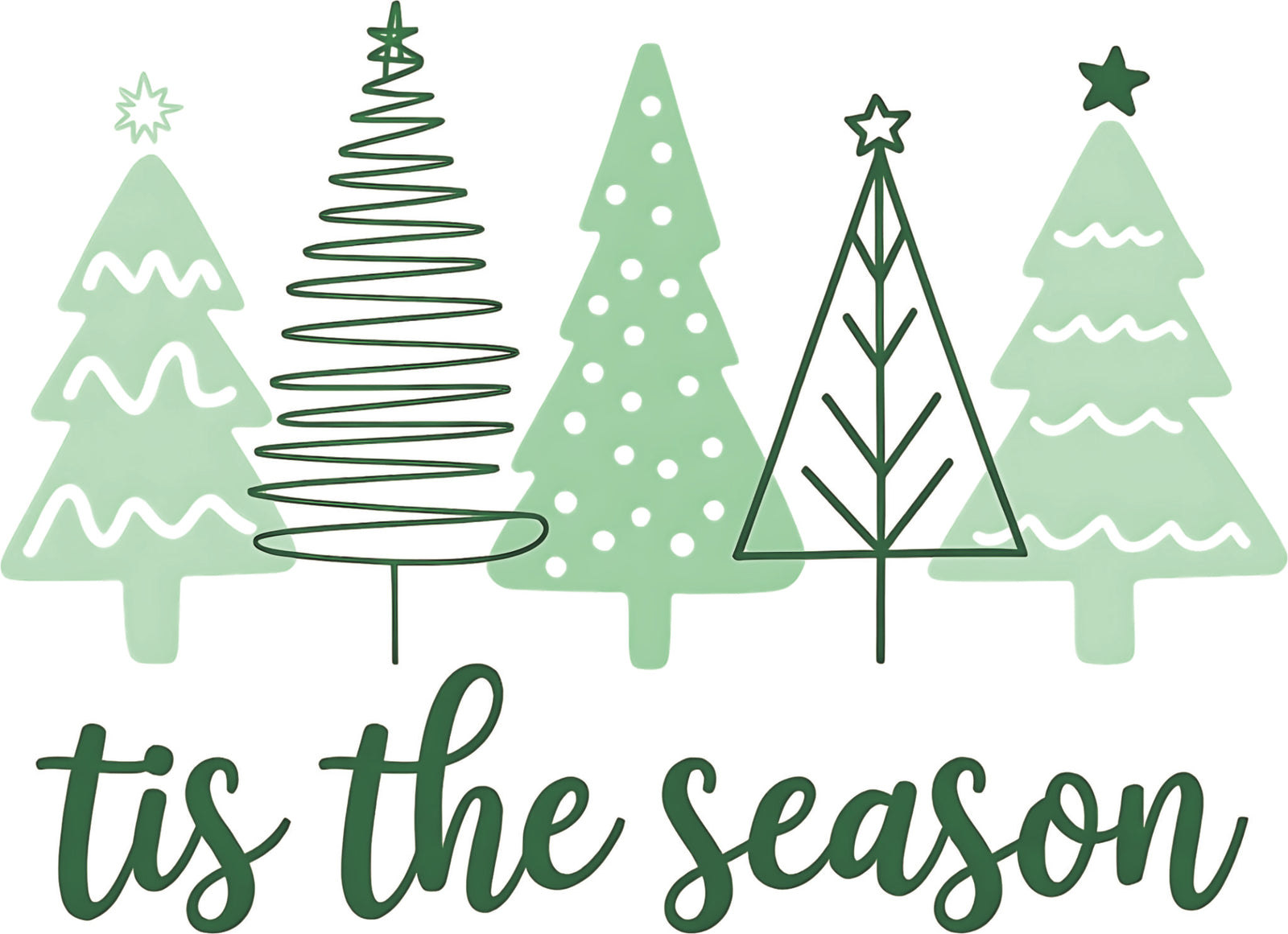 A festive and modern collection of pink, gray, and brown Christmas trees arranged in a cohesive holiday design. The illustration features stylized trees with varying textures, including solid fill, polka dots, and small lines, giving it a playful yet sophisticated feel. The colour palette is soft and muted, with a dominant forest green, complementing shades of mint, sage.