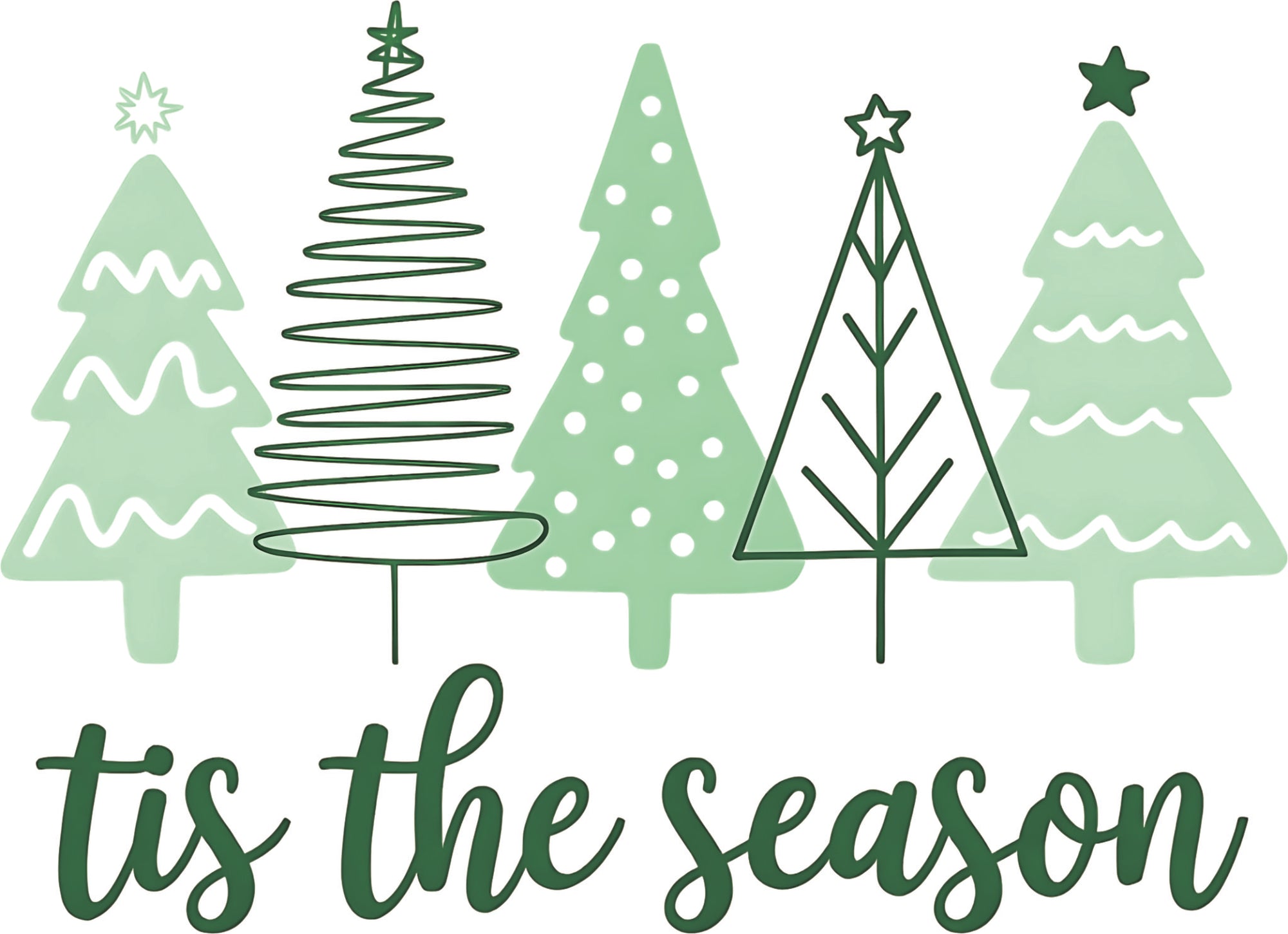 A festive and modern collection of pink, gray, and brown Christmas trees arranged in a cohesive holiday design. The illustration features stylized trees with varying textures, including solid fill, polka dots, and small lines, giving it a playful yet sophisticated feel. The colour palette is soft and muted, with a dominant forest green, complementing shades of mint, sage.