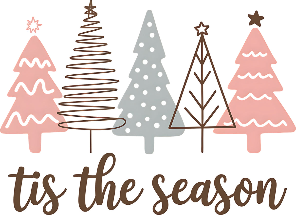 A festive and modern collection of pink, gray, and brown Christmas trees arranged in a cohesive holiday design. The illustration features stylized trees with varying textures, including solid fill, polka dots, and small lines, giving it a playful yet sophisticated feel. The colour palette is soft and muted, with a dominant dusty pink, complementing shades of taupe, dark brown, and off-white.