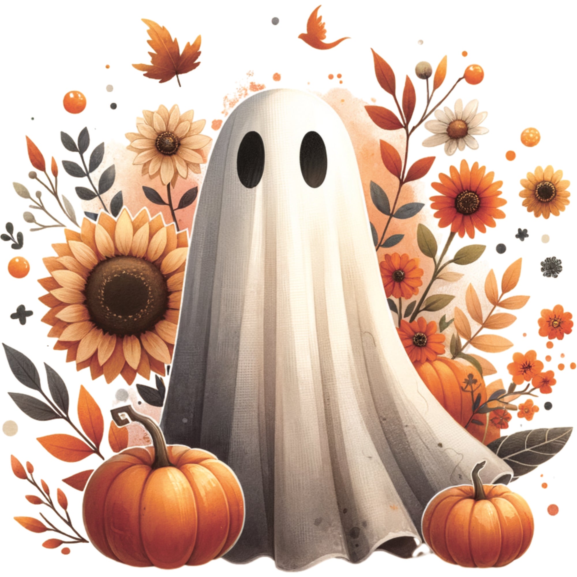 DTF transfer with sheet ghost, pumpkins, sunflowers and autumn leaves in warm fall colours
