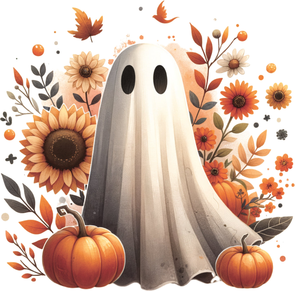 Fall themed ghost design with pumpkins, sunflowers and autumn leaves in warm orange and gold tones.