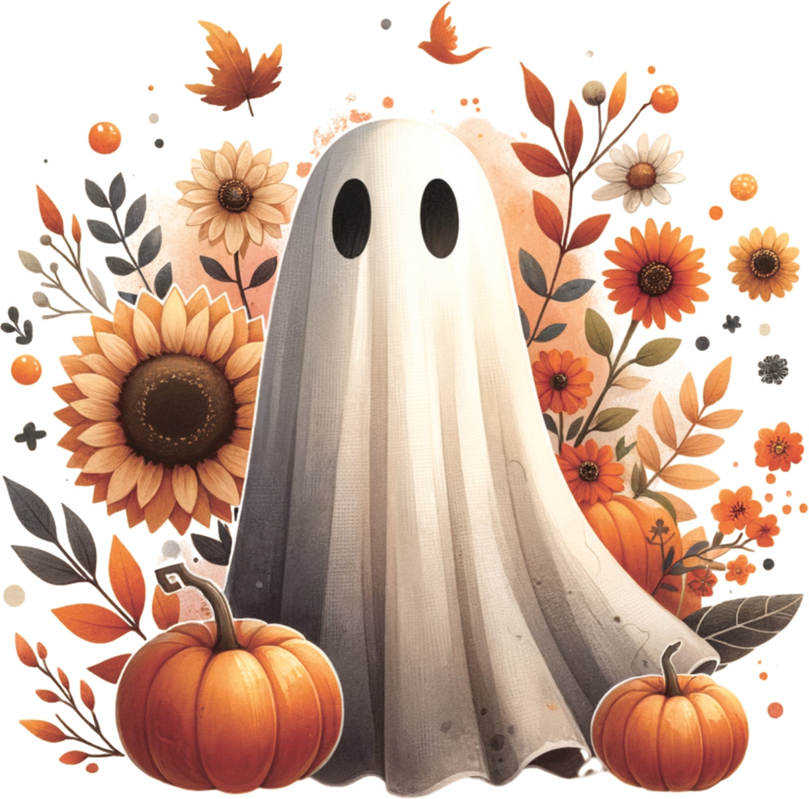 Fall themed ghost design with pumpkins, sunflowers and autumn leaves in warm orange and gold tones.