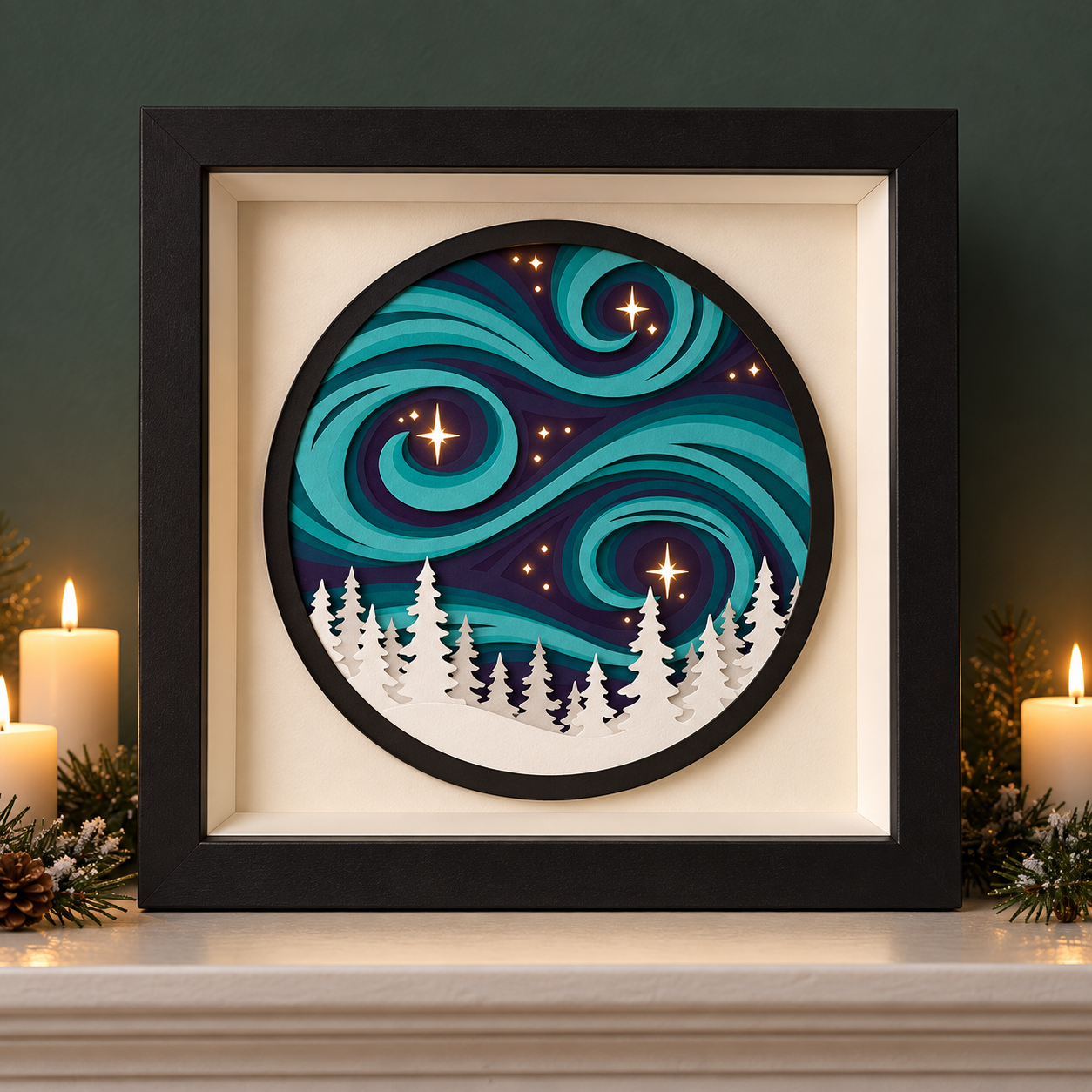 Lit 3D layered paper Northern Lights scene with teal aurora swirls, glowing stars and white pine trees in a black 8x8 shadow box on a mantle with candles